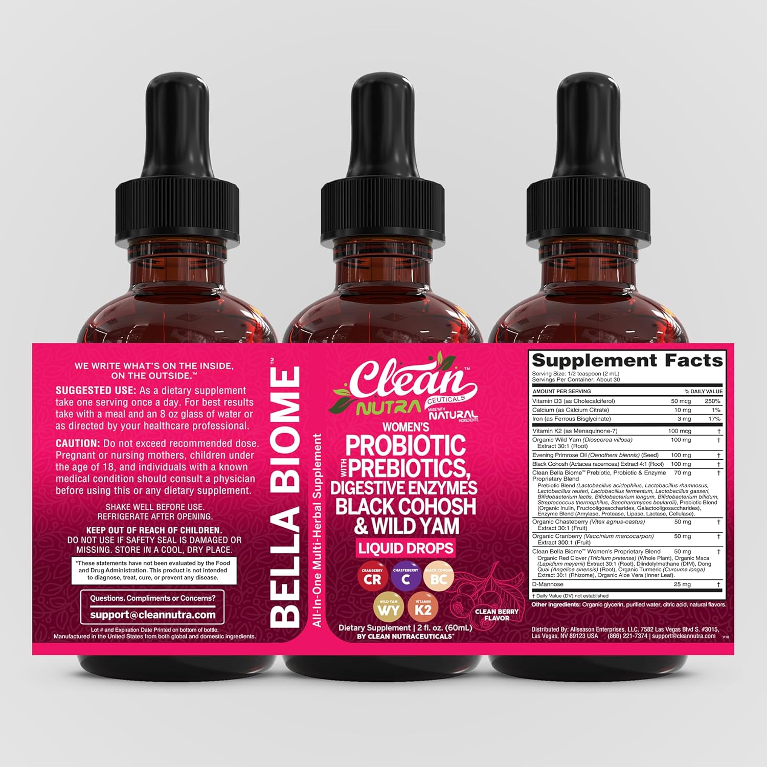 Liquid Probiotics for Women Drops with Chasteberry, Black Cohosh, Prebiotics, Digestive Enzymes, Evening Primrose Oil, Wild Yam, Cranberry Dmannose and Iron Vitamin D3 K2 Clean Nutra Bella Biotics (2) - Image 9