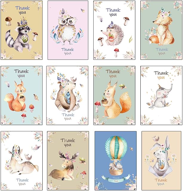 Recycled Thank You Cards - 12 Folding Animal Thank You Cards with Matching Green Recycled Envelopes