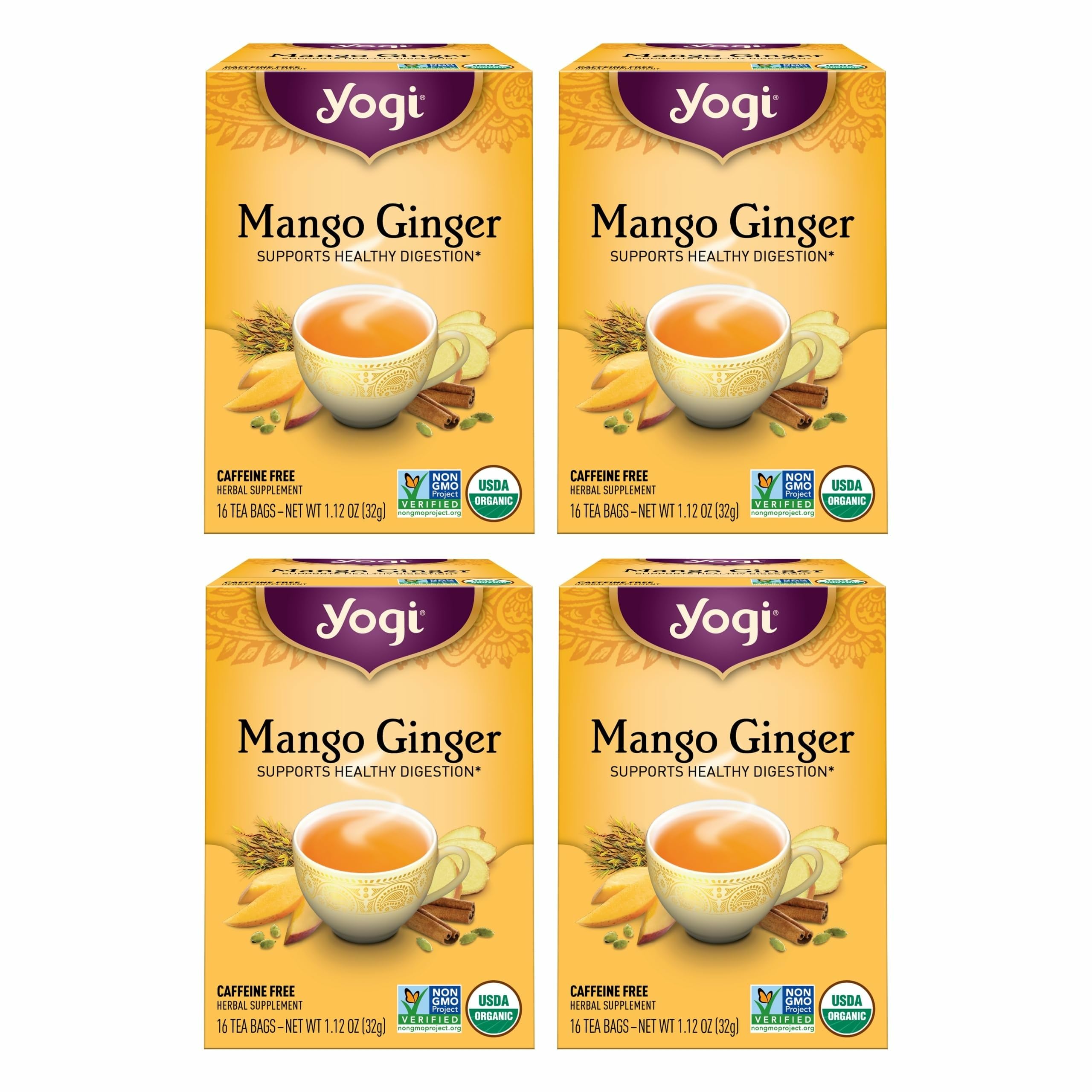 Tea Mango Ginger - 16 Bags per Pack (4 Packs) - Organic Ginger Root Tea to Support Healthy Digestion - Contains Antioxidants - Includes Cinnamon Bark, Rooibos Leaf, Mango Flavor & More