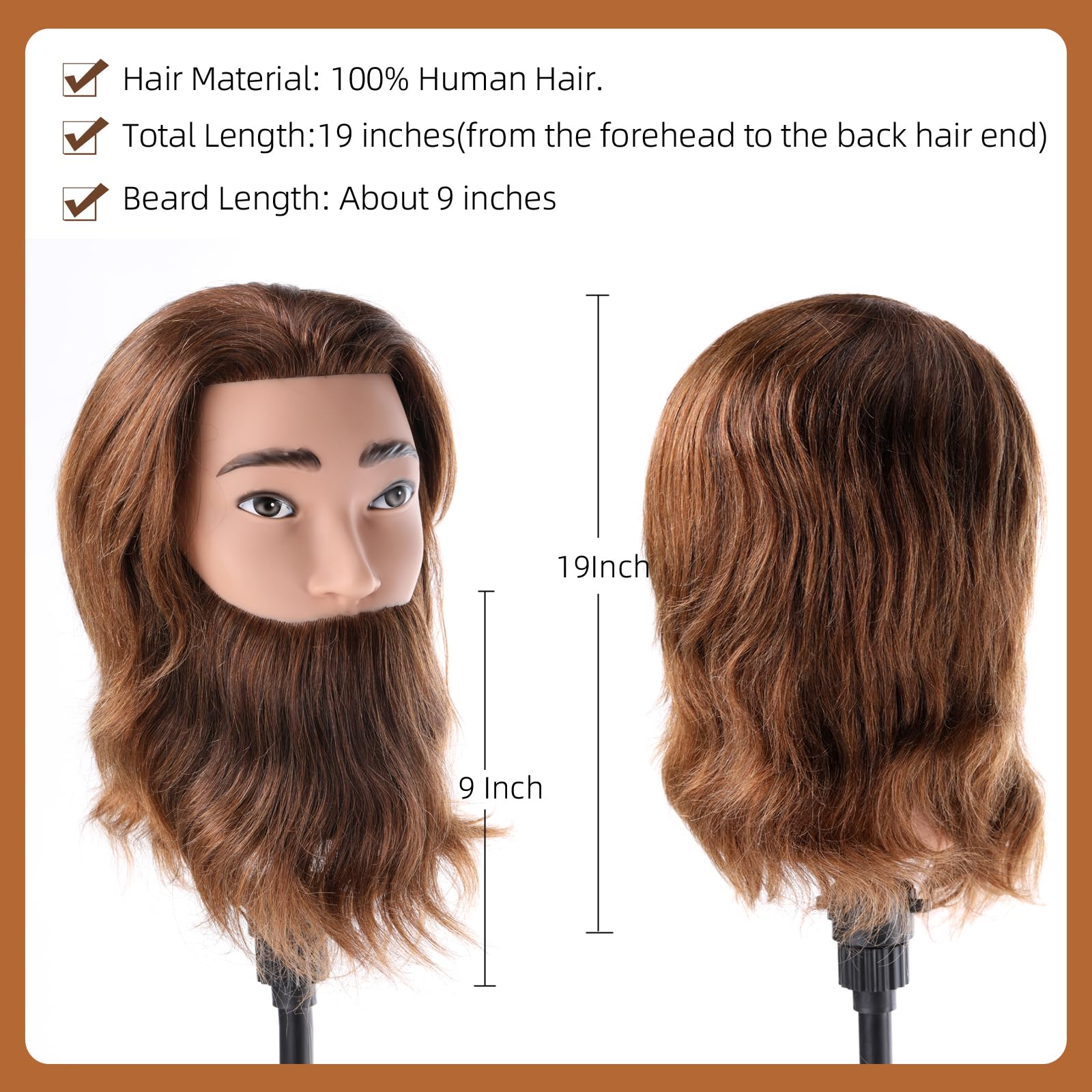 Mann Frisierkopf 100% Echthaar mit Bart Männlich Übungskopf Echthaar Friseur Kopf Puppenkopf Mannequin Kopf Mit Tischklemme + Kammsatz(19 Zoll)