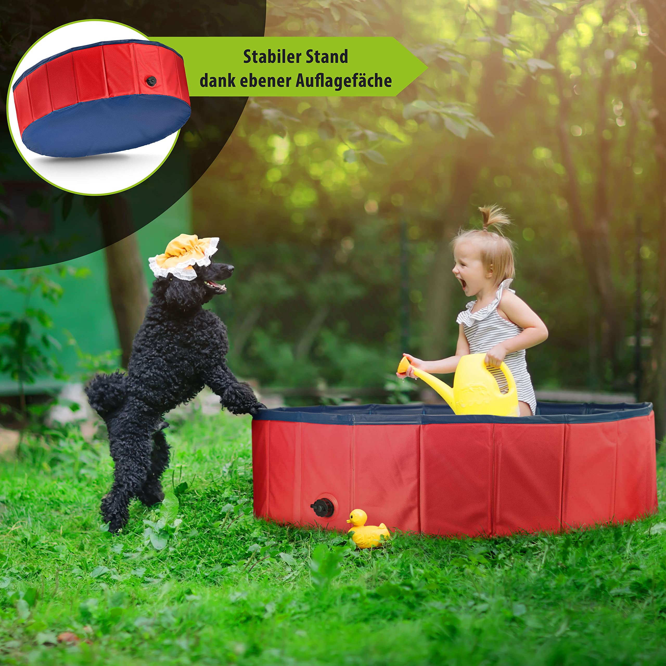 Stabiler Hundepool | Planschbecken für Hunde | Faltbarer Pool mit Ablassventil | rutschfeste Badewanne | Bällebad Kinder | Bälle Bad inkl. Badebürste & Reparaturset - Dog Pool 120x30 (Red)
