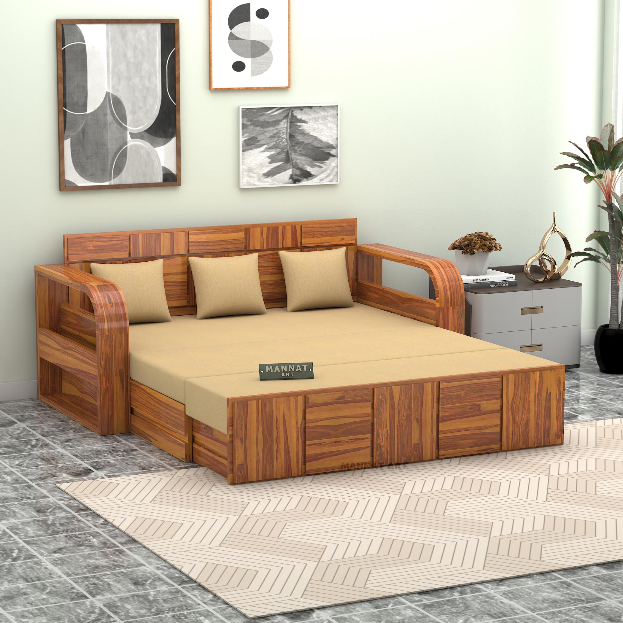 MANNAT ARTS Sheesham Wooden Sofa Cum Bed for Living Room with Side Pocket Storage - 3 Seater Sofa Cum Bed with Storage - 3 Person Sofa Bed Wooden Furniture with Cushion Seating (Honey)-image-12