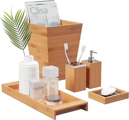 Miniatura 2 de Lavish Home - Juego de decoración de baño de 5 piezas, accesorios de tocador de bambú con cubo de basura, jabonera, dispensador de jabón, soporte