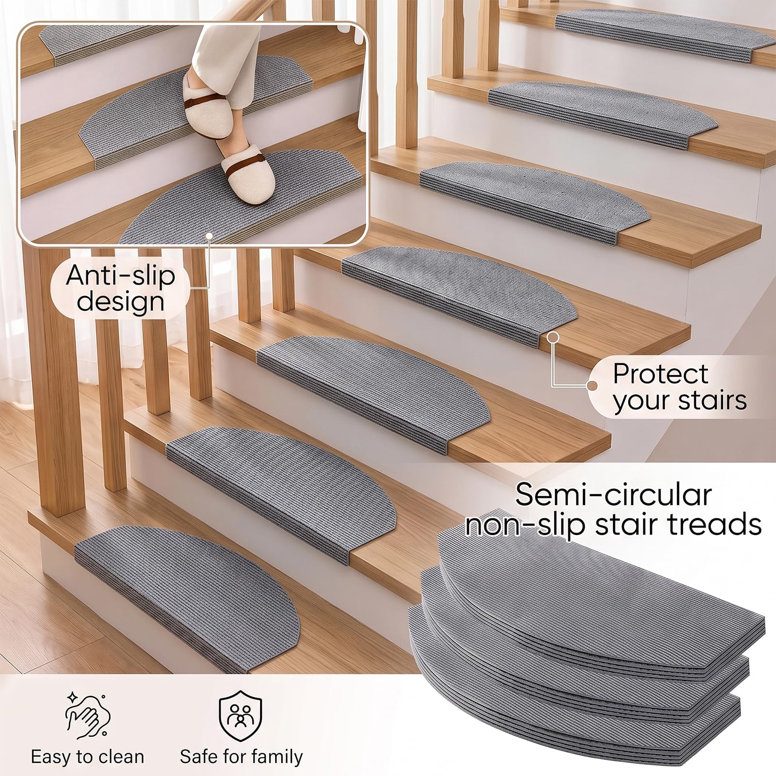 CEWROM Tappetini per gradini, 15 pezzi, 24 x 60 cm, semicircolari