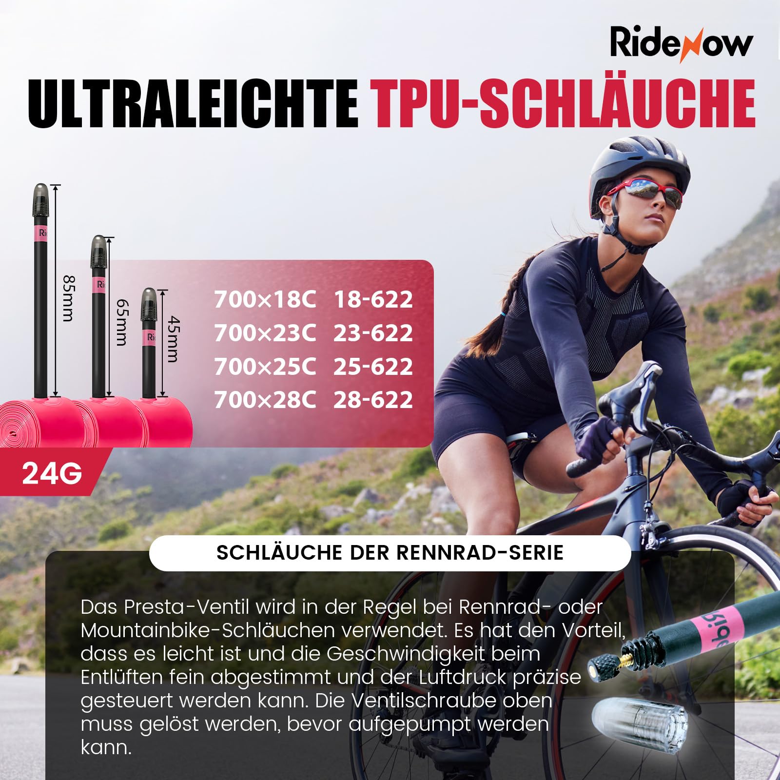 RideNow Manguera de TPU bicicleta de carretera 700 x 18-28C 700 x 18-32C 700 x 28-38C, ultraligera