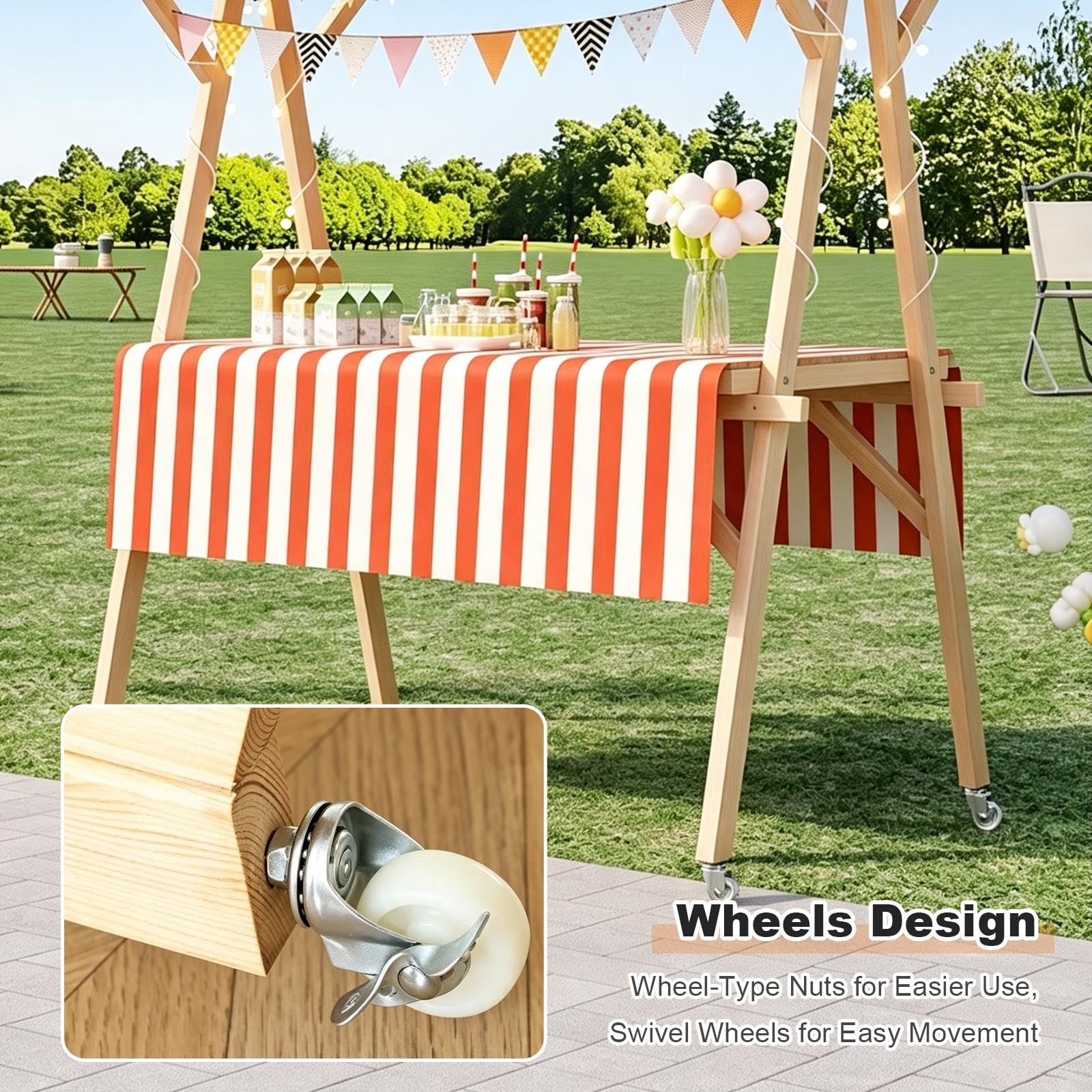 Carrello Mercato Pieghevole in Legno con Ruote | Tavolo Espositore Pieghevole per Mercatino con Tettuccio, Stand Portatile per Fiere ed Eventi Esterni(Yellow,120cm/47in)