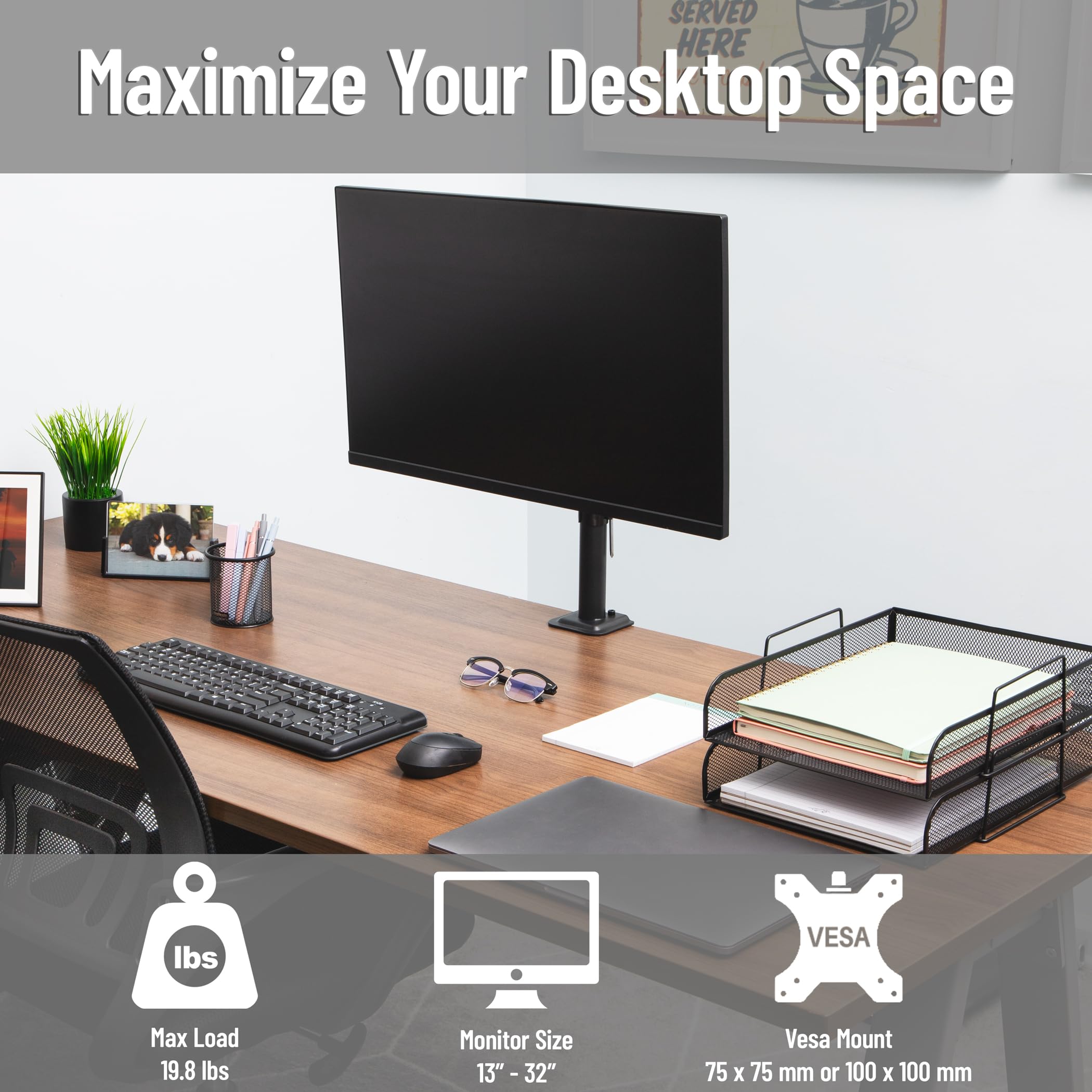 Mind Reader Supporto da scrivania per monitor singolo per schermi da 13"-32", VESA 75x75/100x100, rotazione di 180°, orientabile a ±90°, inclinazione ±45°, capacità di carico 8 kg, gestione dei cavi
