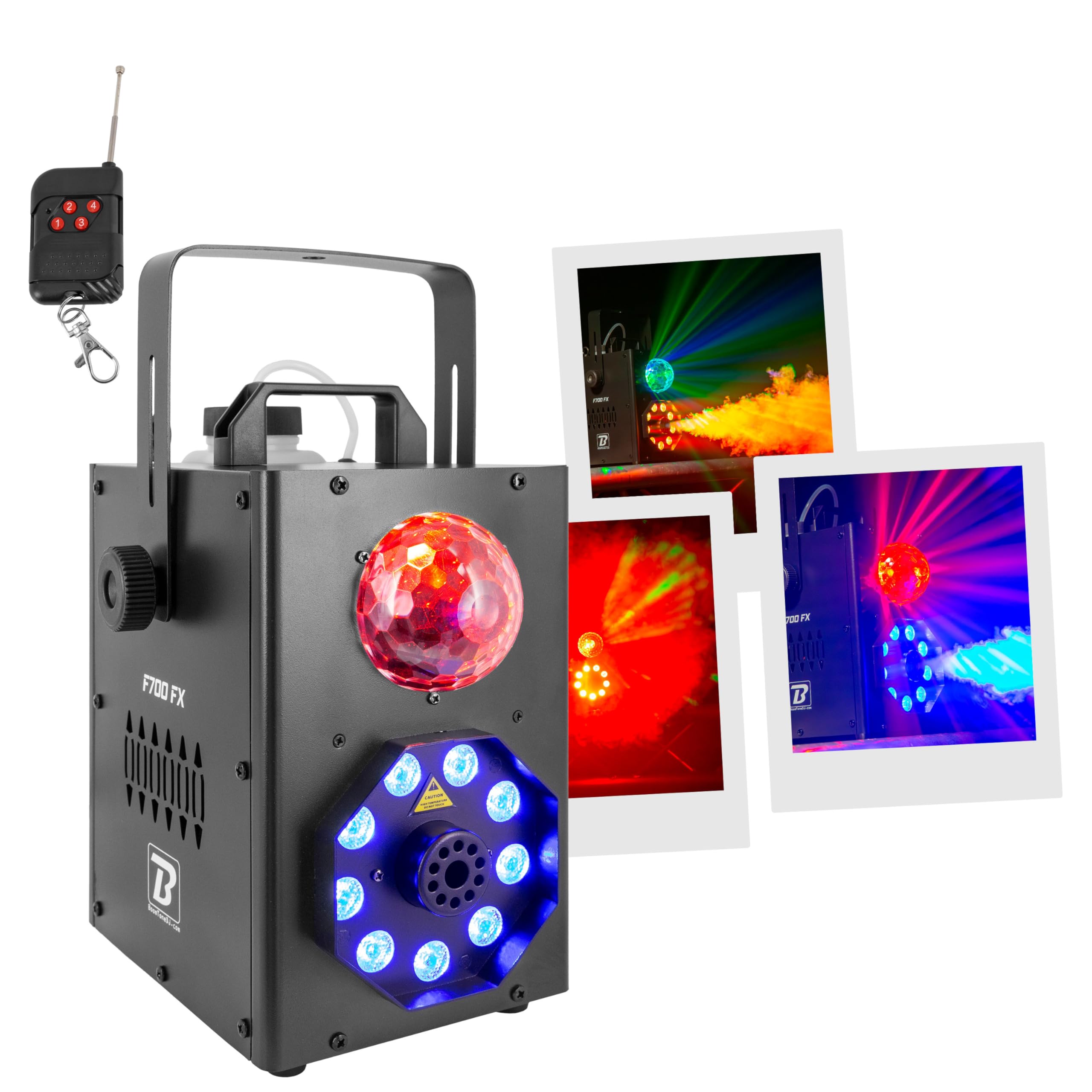 BoomToneDJ F700 FX Machine à fumée - Jeux de lumière pour soirée - Lumière Disco portable - Lumières LED RGB intégrées - Détection musicale - Télécommande incluse - Ambiance pour mariage, fête
