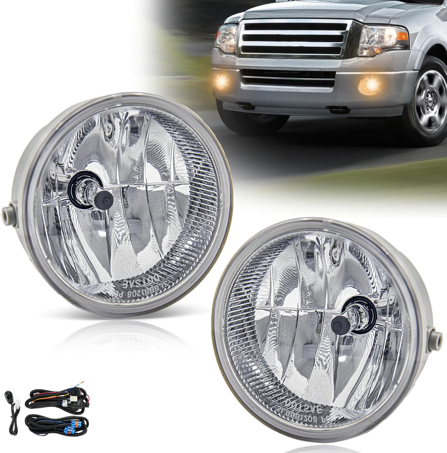 Fog Lights for 2007 2008 2009 2010 2012 2013 2014 Ford Expedition Assembly Replacement Kit for 2008-2011 Ranger 2006-2014 F150 with Wiring & Switch H10 12V 42W Halogen Bulbs (Clear Lens)