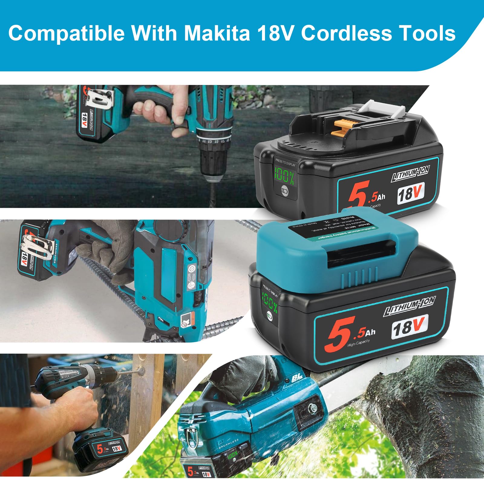 QUPERR Lot de 2 batteries de rechange 5500 mAh pour Makita 18 V - Haute capacité - Compatible avec batterie Makita Lithium-Ion LXT - Compatible avec les outils sans fil BL1850 BL1850B BL1840 BL1830