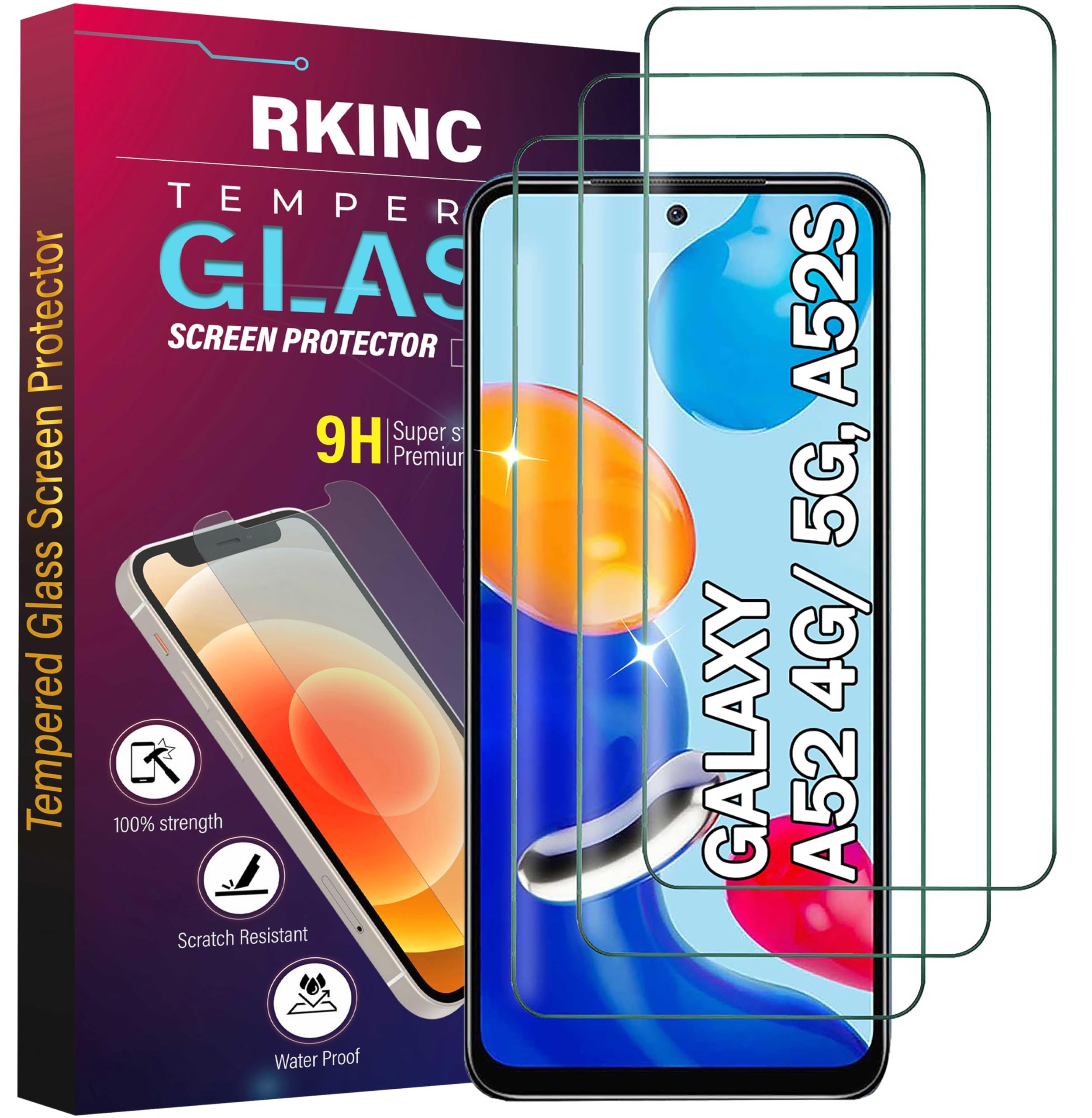 RKINC 3 Stück, Panzerglas Schutz Glas für Samsung Galaxy A52, A52 5G, A52S 5G, Panzer HD Displayschutzfolie, 0,33 mm kratzfest, splitterfrei, blasenfrei, lebenslangeGarantie