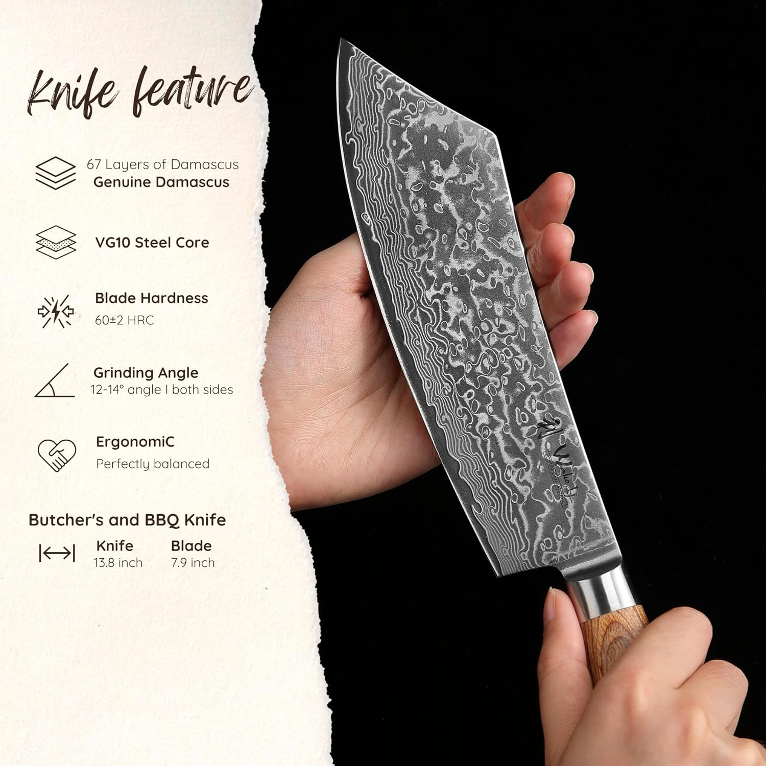 Wakoli EDIB Pro Premium Grill and Block Knife – Japanese Style Kitchen Knife | 7.9-Inch Blade Made of 67 Layers of Real Big Master Steel with Pakka Wood Handle | Professional Cooking Tool