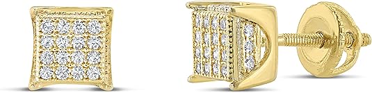 Mens Ladies 14K Gold Over Silver Lab Diamond Earrings Screw Back Studs Iced Out aretes para hombre - Men's Earrings, Screw Back, Men's Jewelry, Hip hop Earring