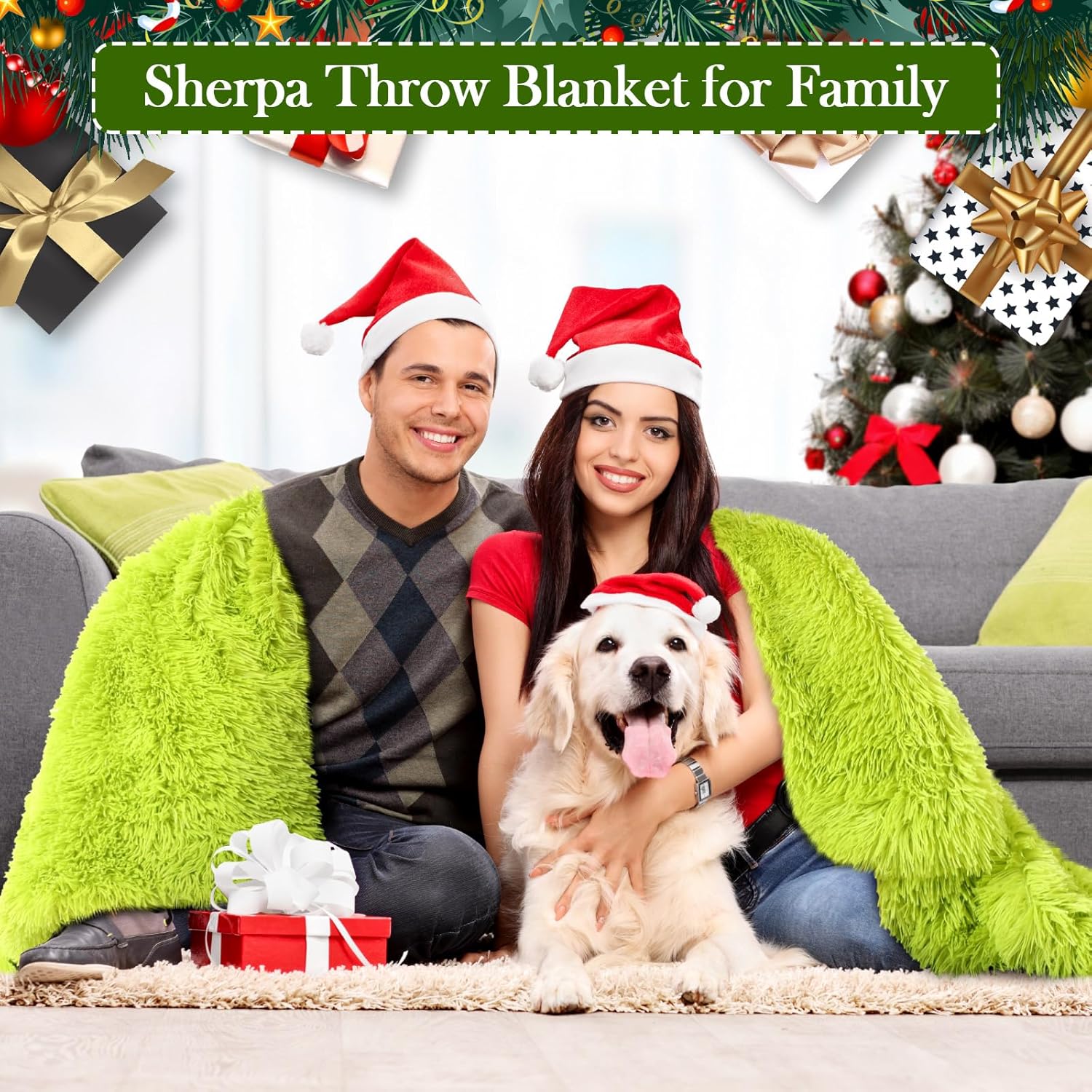 Buryeah Christmas Blanket Lime Green Fuzzy Green Plush Sherpa Cozy Fluffy Throw Blanket for Sofa Bedroom Car Gift for Christmas Winter Holiday(91 x 91 Inches,Velvet,Classic Style) - Image 7