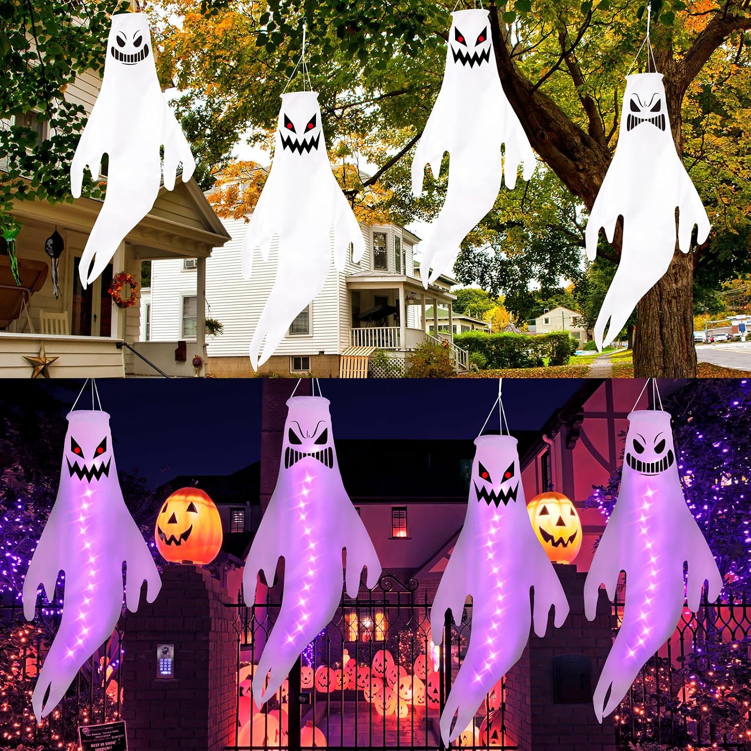 Geefuun 4PCS Purple Halloween Fierce Ghost Windsocks Hanging Decorations - 43 Inch Flag Wind Socks for Home Yard Outdoor Decor Party Supplies (Batteries Not Included,No Timer) image 5