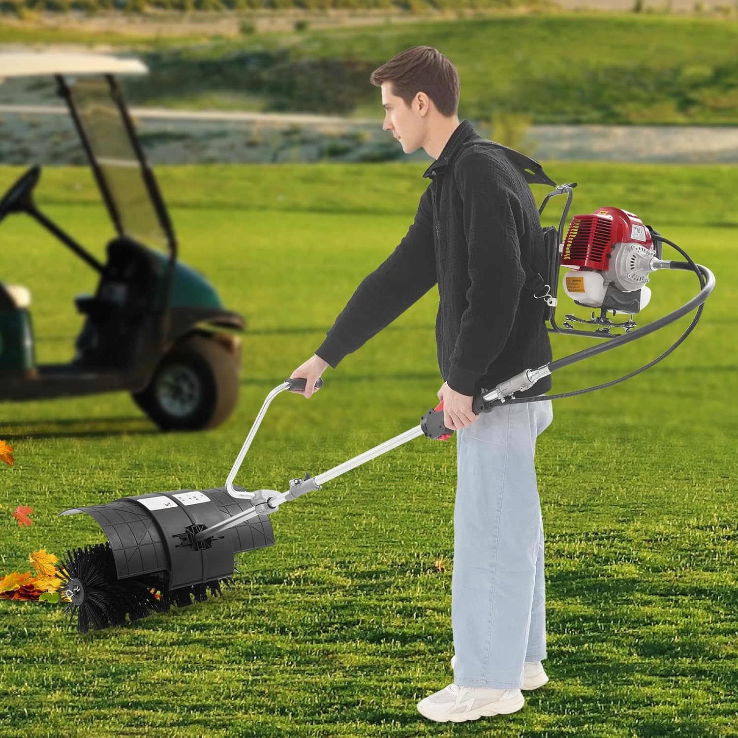 2-Stroke Backpack Gasoline Turf Lawn Sweeper Machine, 52CC 2.3HP Hand Push Turf Lawn Sweeper, 8500rpm/min Gas Powered Broom Cleaner Tools for Lawn, Driveway, Snow