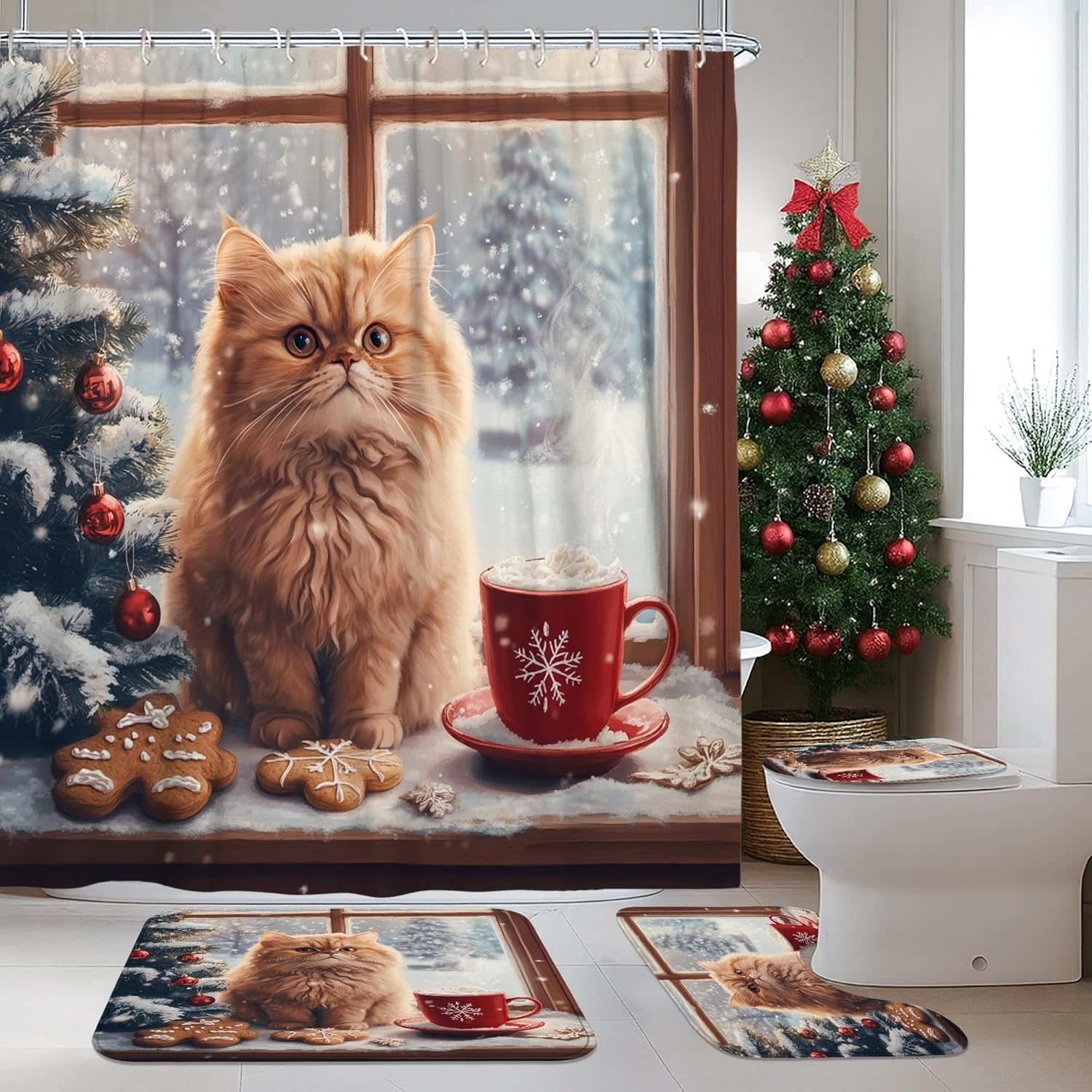 4PCS Winter Christmas Persian Cat Bathroom Sets, Bath Accessory with Non-Slip Rug, U Shape Toilet Lid Cover Mat, Gingerbread Xmas Animal Bathroom Decor-72''x72''