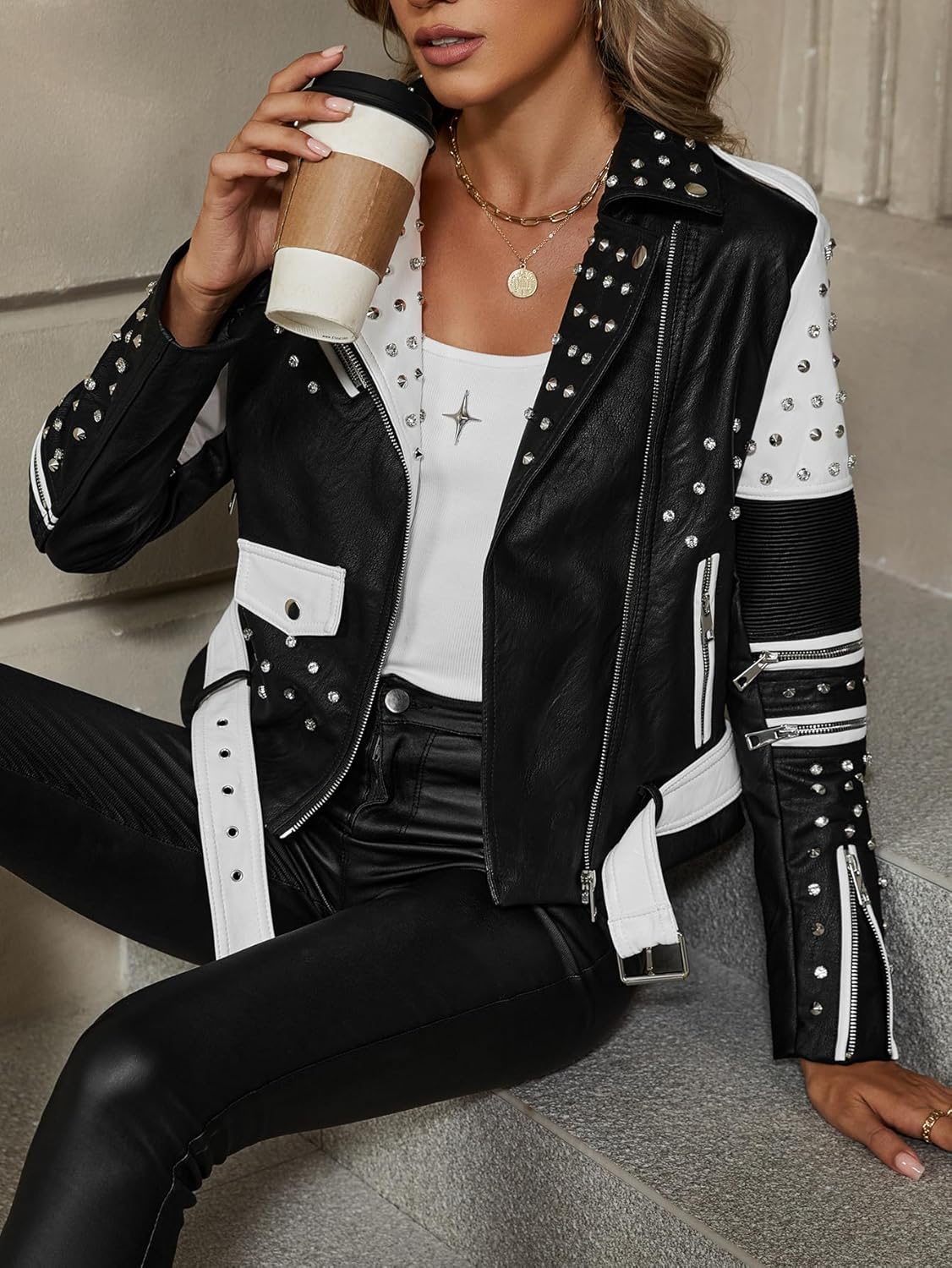 Bellivera Women's faux leather Motorcycle Jacket Zip up stand with Pockets - Image 6