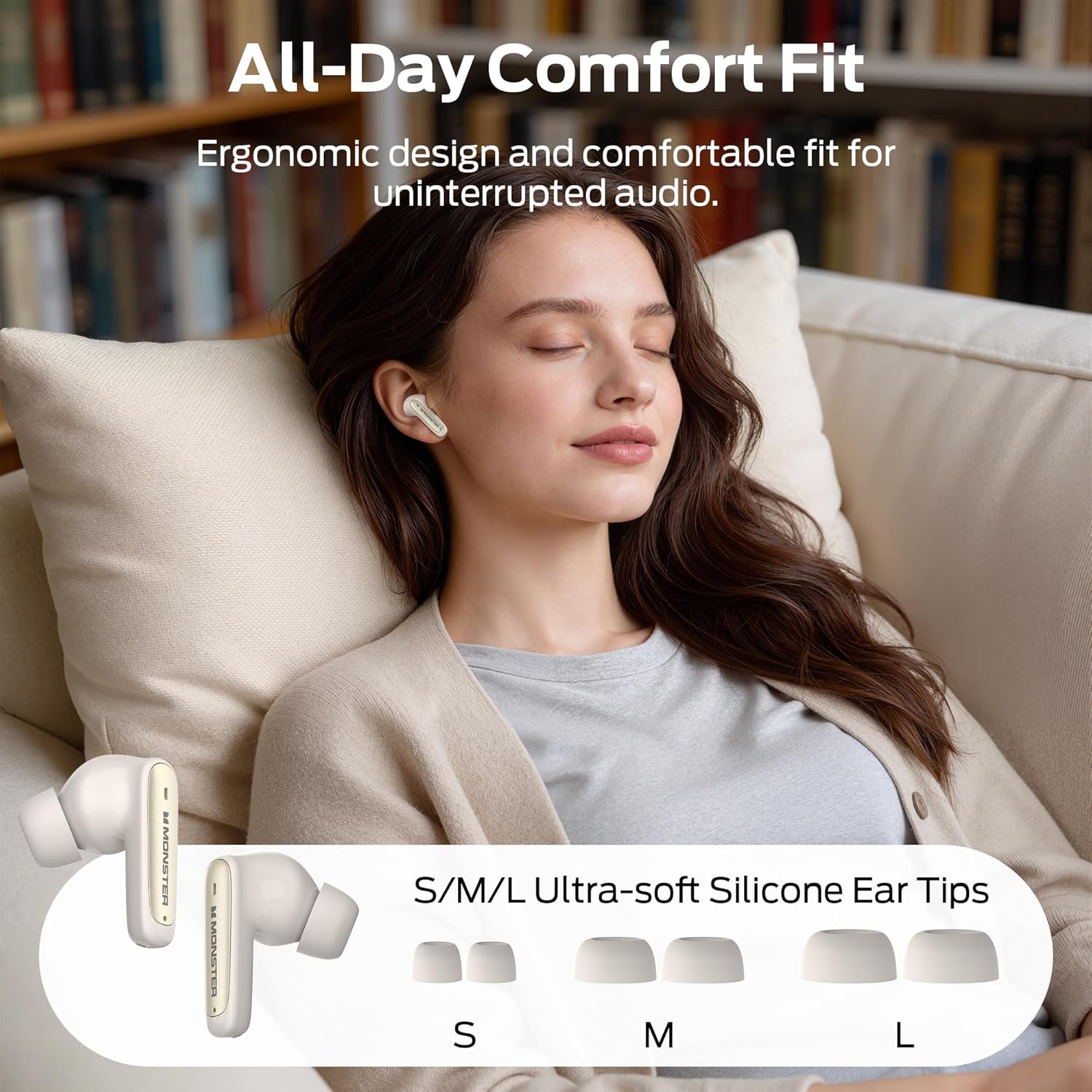 Monster N-Lite 310 True Wireless Earbuds, Bluetooth 6.0 Headphones Deep Bass, Earbuds with ENC Noise Cancelling Mic for Clear Calls, 32H Playback, Bluetooth Earbuds for Laptop/Phones/Sports, White