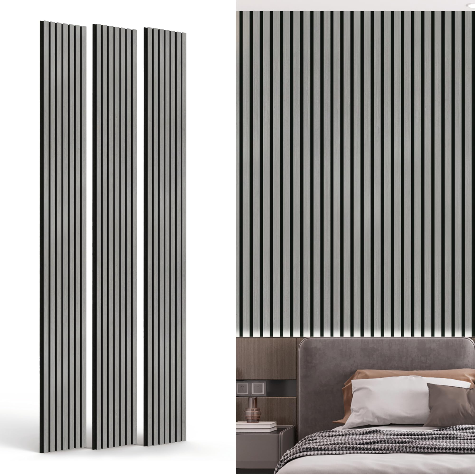 Photo 1 of INNO STICKERS 3-Pack Wood Slat Wall Panel for Interior Wall Decor Noise Cancelling 94.5" x 11.4" Acoustic Decorative 3D Sound Absorbing Wall Paneling, Gray Oak, Covers 22.4 Sq. Ft
