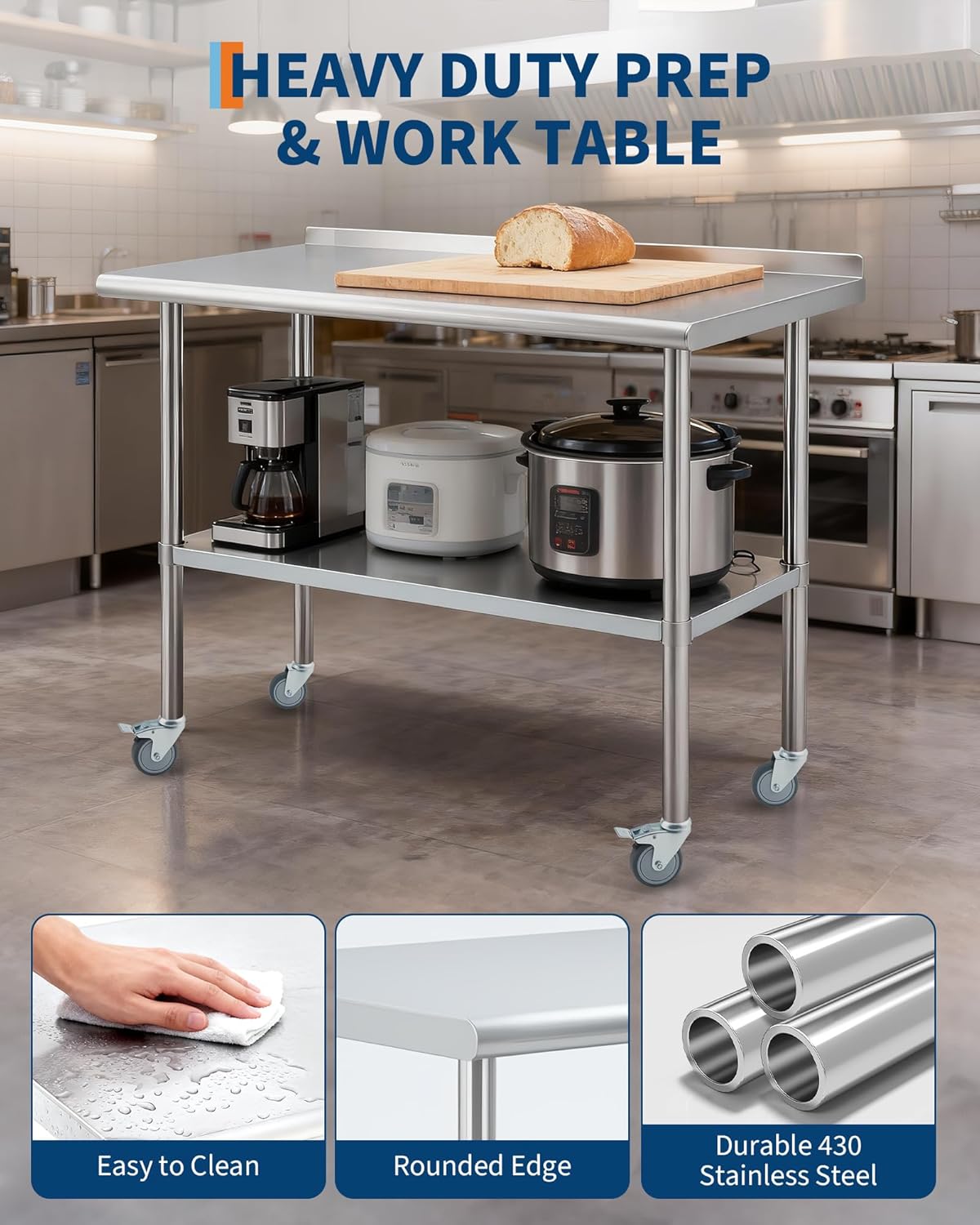 Commercial Stainless Steel Prep Table with Wheels, Heavy Duty Mobile Work Table 24x48, Adjustable Shelf & Locking Casters for Kitchen, Restaurant, Garage, Outdoor Use