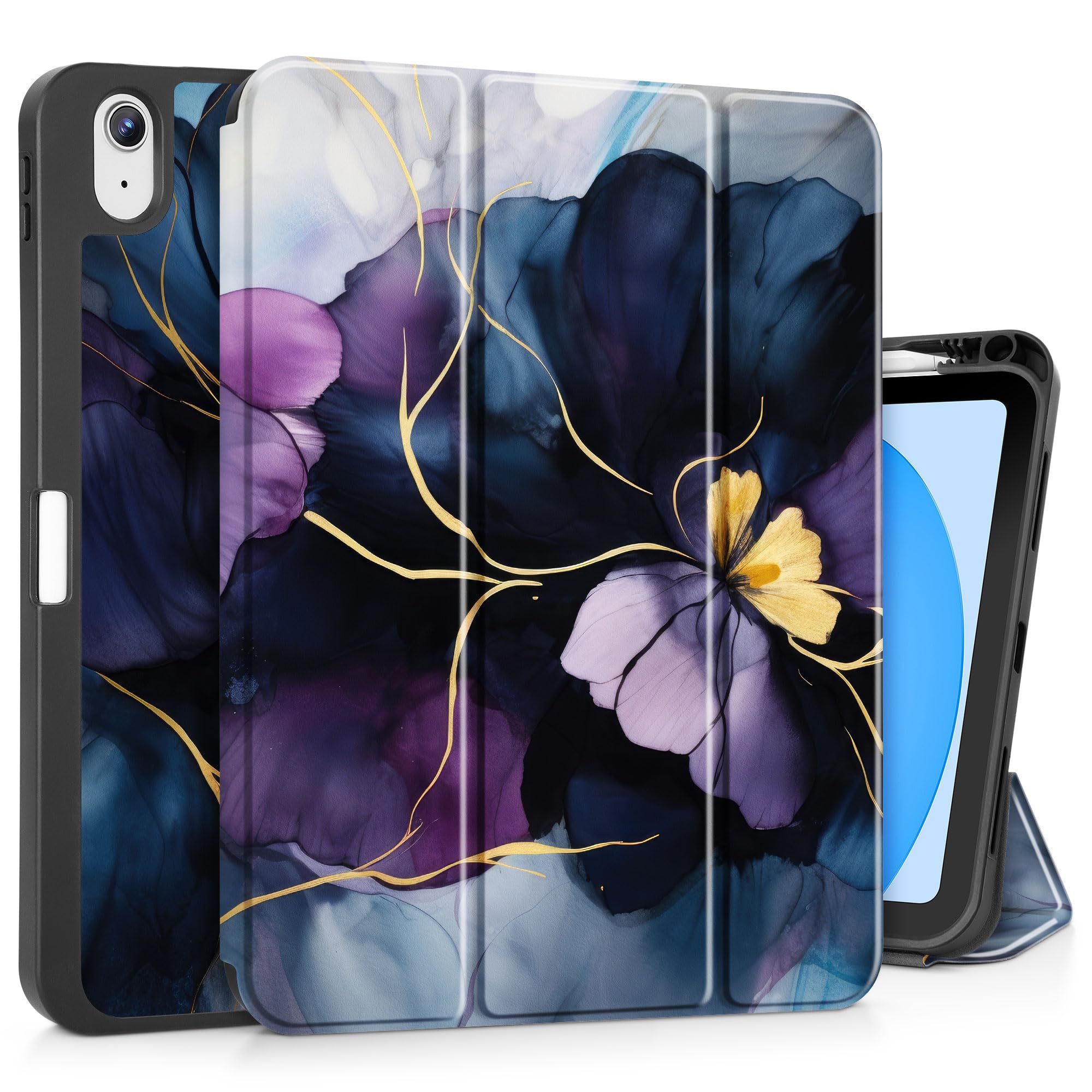 May Chen Case for M3 iPad Air 13 inch Cover with M2 Chip 2025 2024, Tablet Cases Trifold Stand + Pencil Holder + Auto Wake/Sleep + Soft TPU Protective Stand Back Cover, Fluid Art Flower