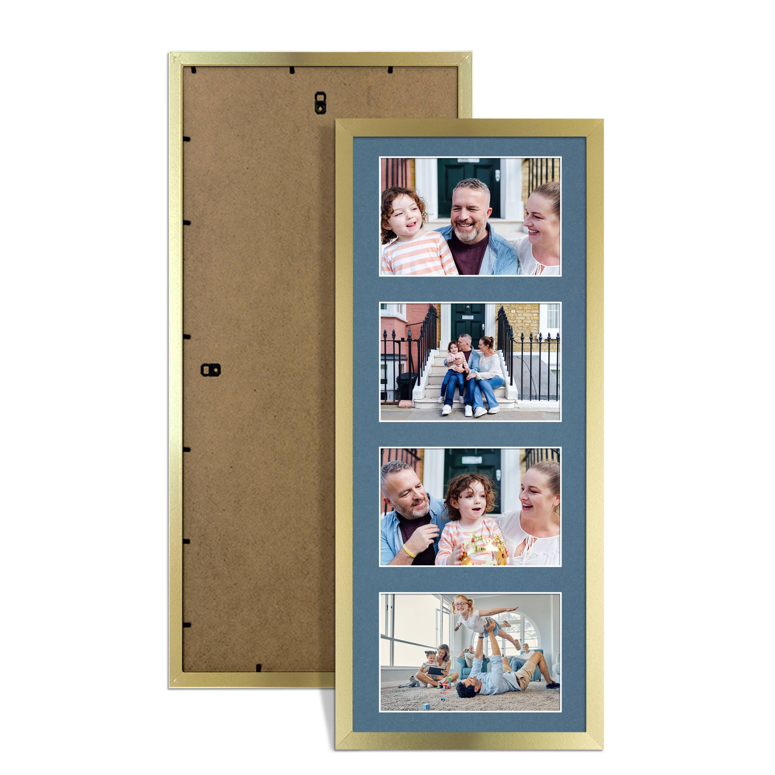 Alison Kingsgate Gold 50x20cm Photo frames for multiple pictures - 4 Apertures Collage Frame with Pompadour Mount - Holds (4x) 6x4 Photos - Engineered Wood & Perspex
