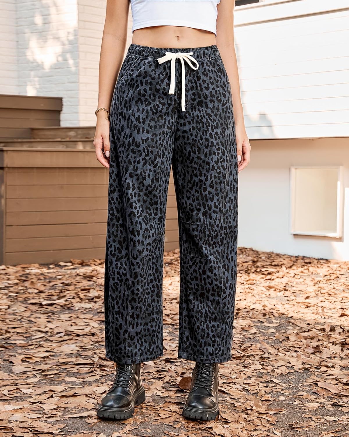 Vetinee Barrel Jeans Women Trendy Wide Leg Leopard Cheetah Pants High Waisted Pull On Drawstring Stretchy Denim Pants - Image 4