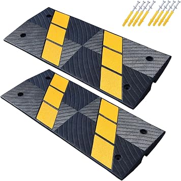 Rubber Curbside Bridge Ramps, Heavy Duty Driveway Curb Ramps with Yellow Reflective Strips for Car, Truck, Scooter, Wheelchair, Garage, Loading Dock, Sidewalk 2 Pack