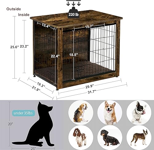 Miniatura 4 de DWANTON Mueble de jaula para perros con cojín, mesa de perrera de madera con puertas dobles, casa de perro de interior, tamaño mediano, 32.5
