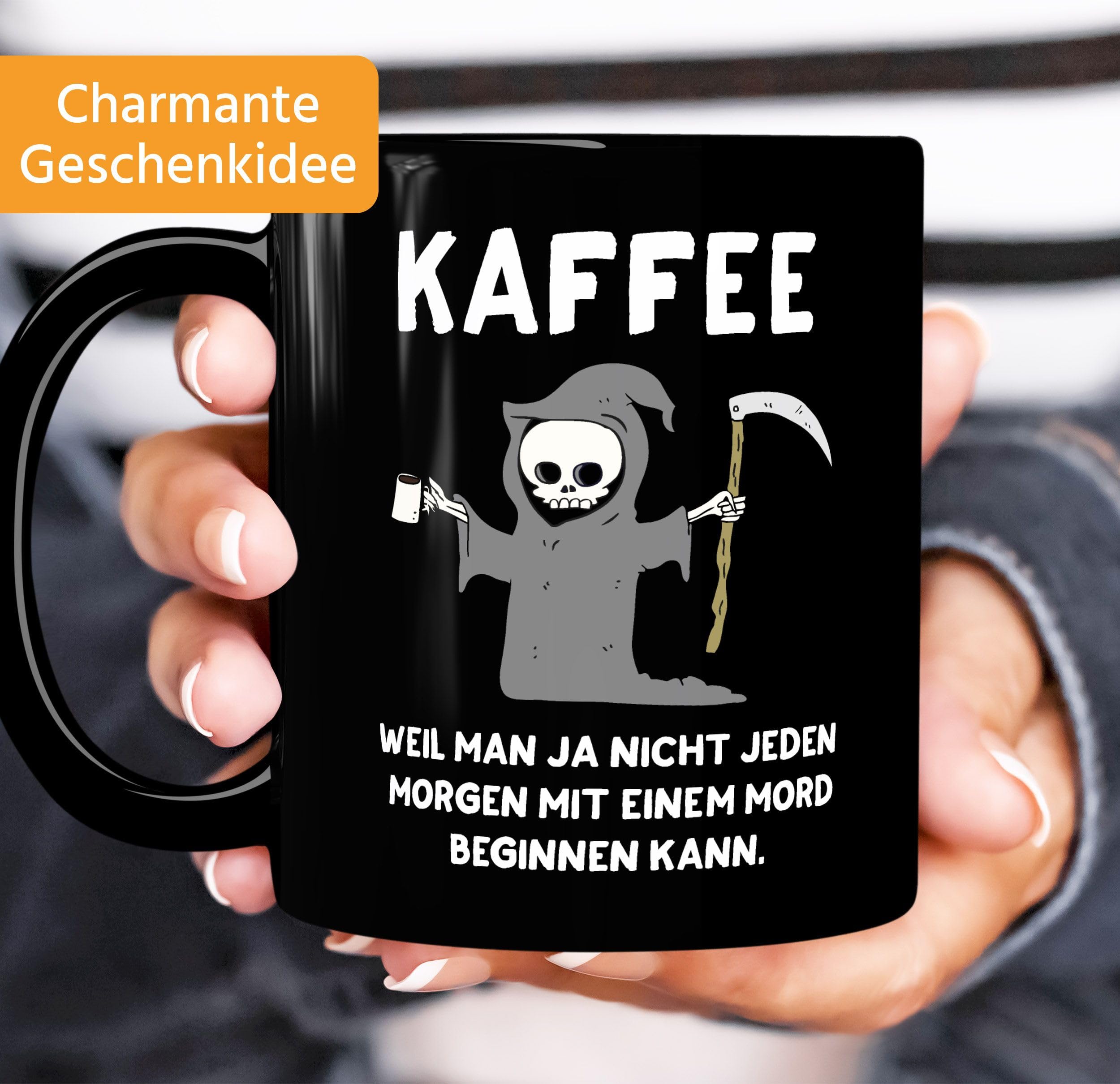 MoonWorks® Kaffeetasse Mit Spruch 'Weil Man Nicht Jeden Tag Mit Einem Mord Beginnen Kann' – Lustige Bürotasse, 325 Ml, Schwarz