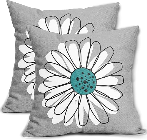 Sweetshow Juego de 2 fundas de almohada de margaritas de color verde azulado y blanco de 18 x 18 pulgadas, para primavera y verano, color gris y