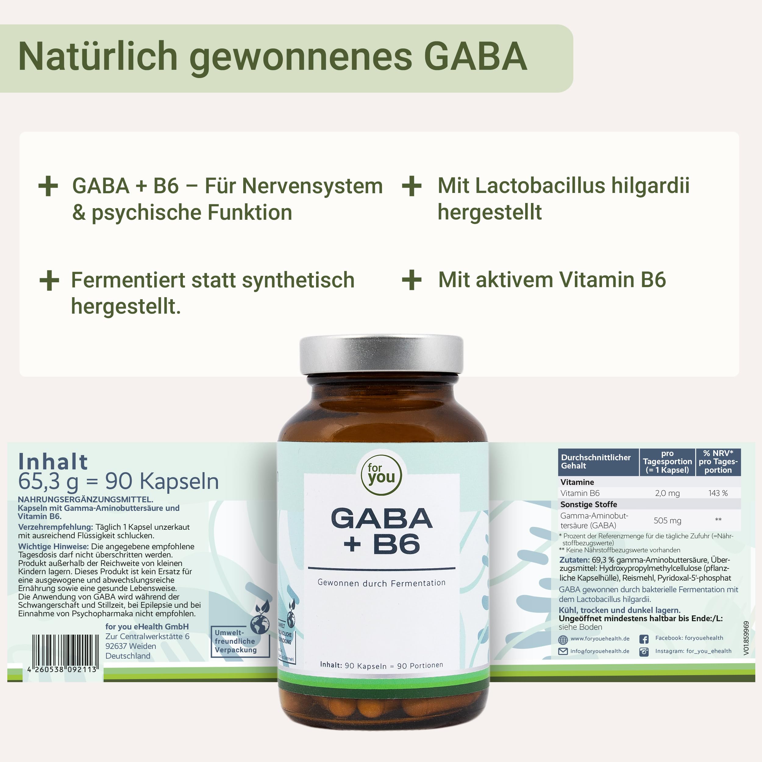 for you GABA + B6 180 Kapseln - Hochdosiertes Gaba aus Fermentation mit dem Lactobacillus hilgardii & bioaktivem Vitamin B6-500mg Gamma-Aminobuttersäure pro Kapsel & bioaktivem Vitamin B6