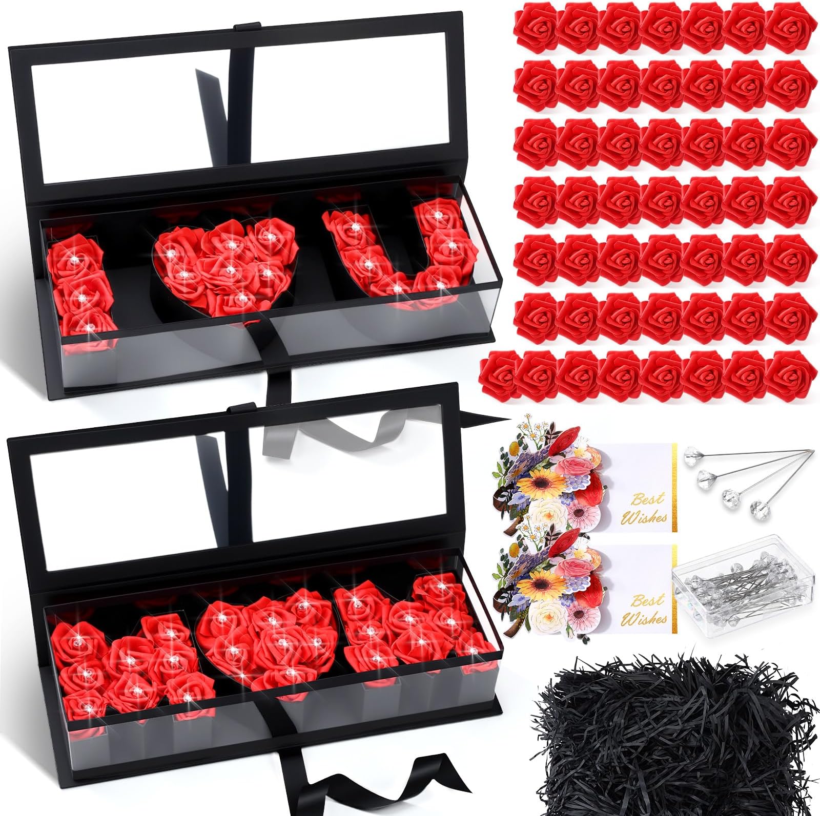 Fuyoooo 2 Set I Love You and Mom Letter Boxes Empty for Mothers Day DIY Fillable Chocolate Candy Flower Gift Packaging 17.52x6.1x3.82 Inch with 50 Roses 50 Bouquet Pins 2 3D Greeting Cards(Black)