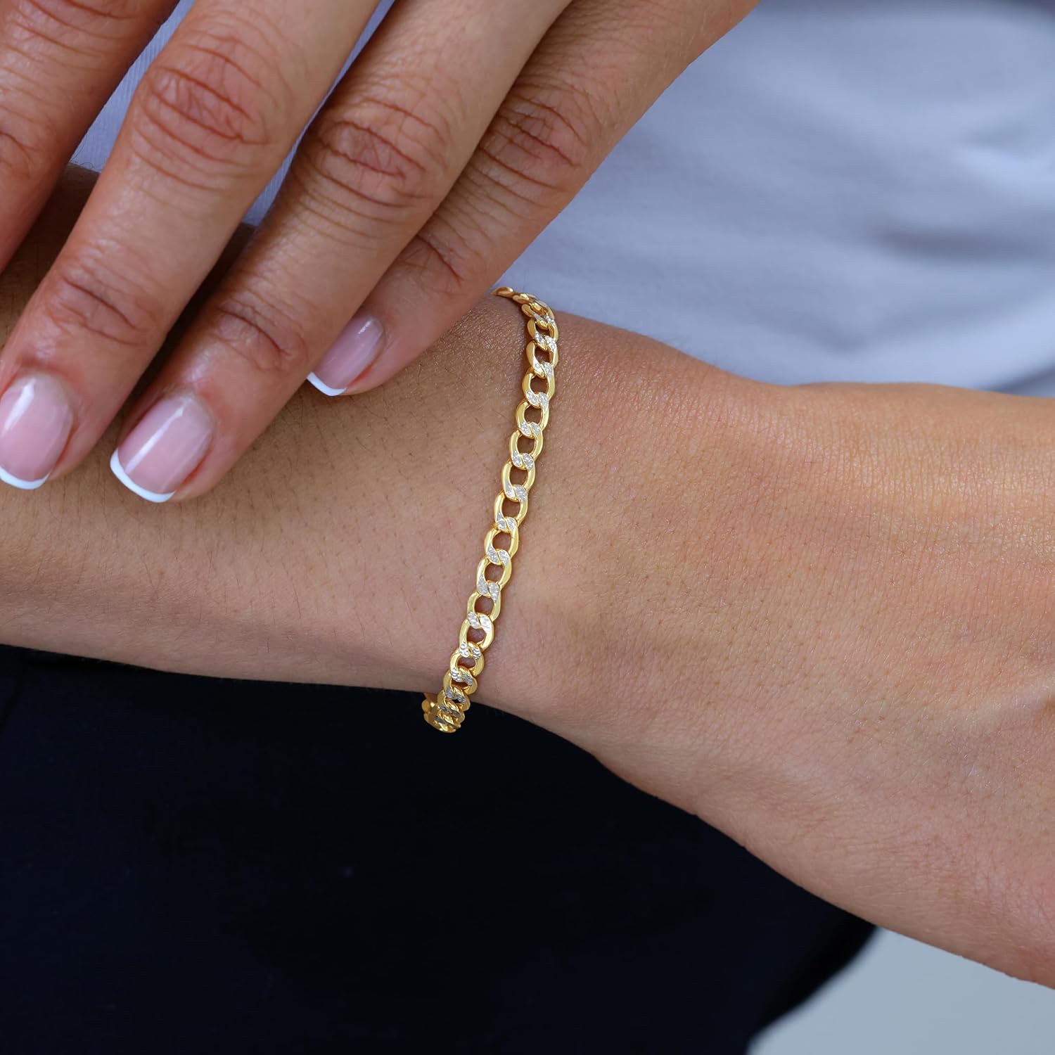 Nuragold 14k Real Yellow Gold Cuban Curb Link 4.5mm Diamond Cut Pave Chain Bracelet (7"-9") Two Tone Italian Jewelry for Men & Women - Image 7
