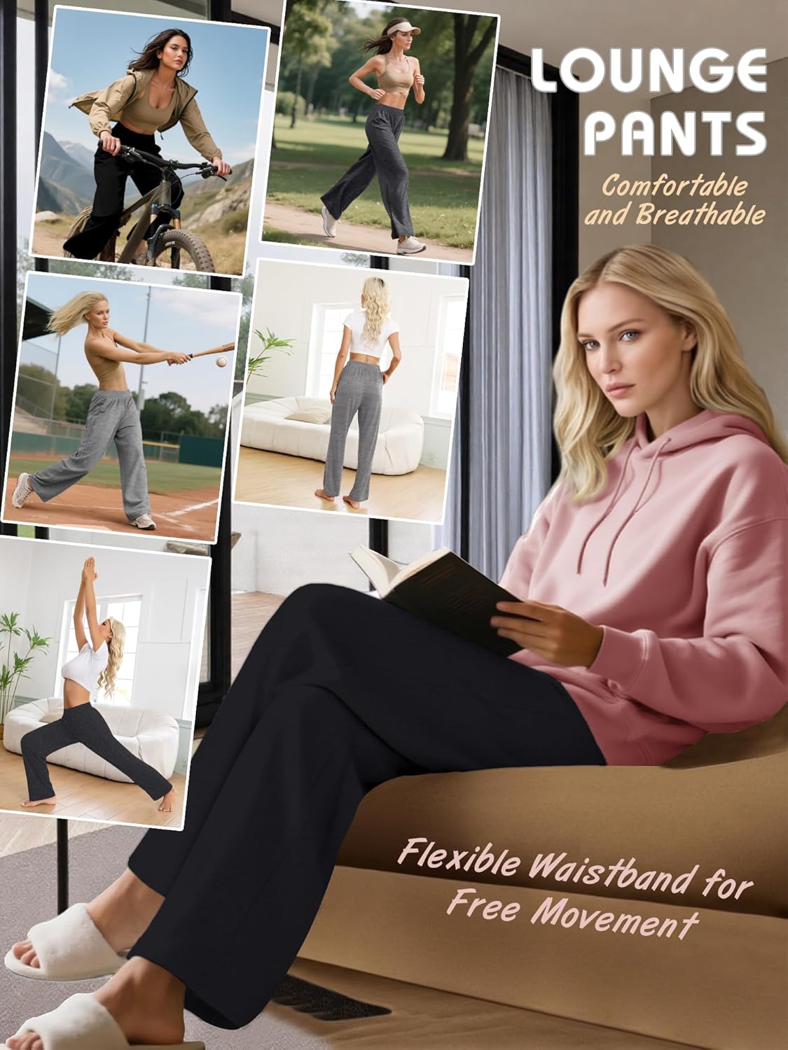 3 Pack Women's Lounge Pants Wide Leg Sweatpants with Pockets Elastic Waist Yoga Pant Casual Loose Jogger Black, Charcoal Gray, Khaki M - Image 5