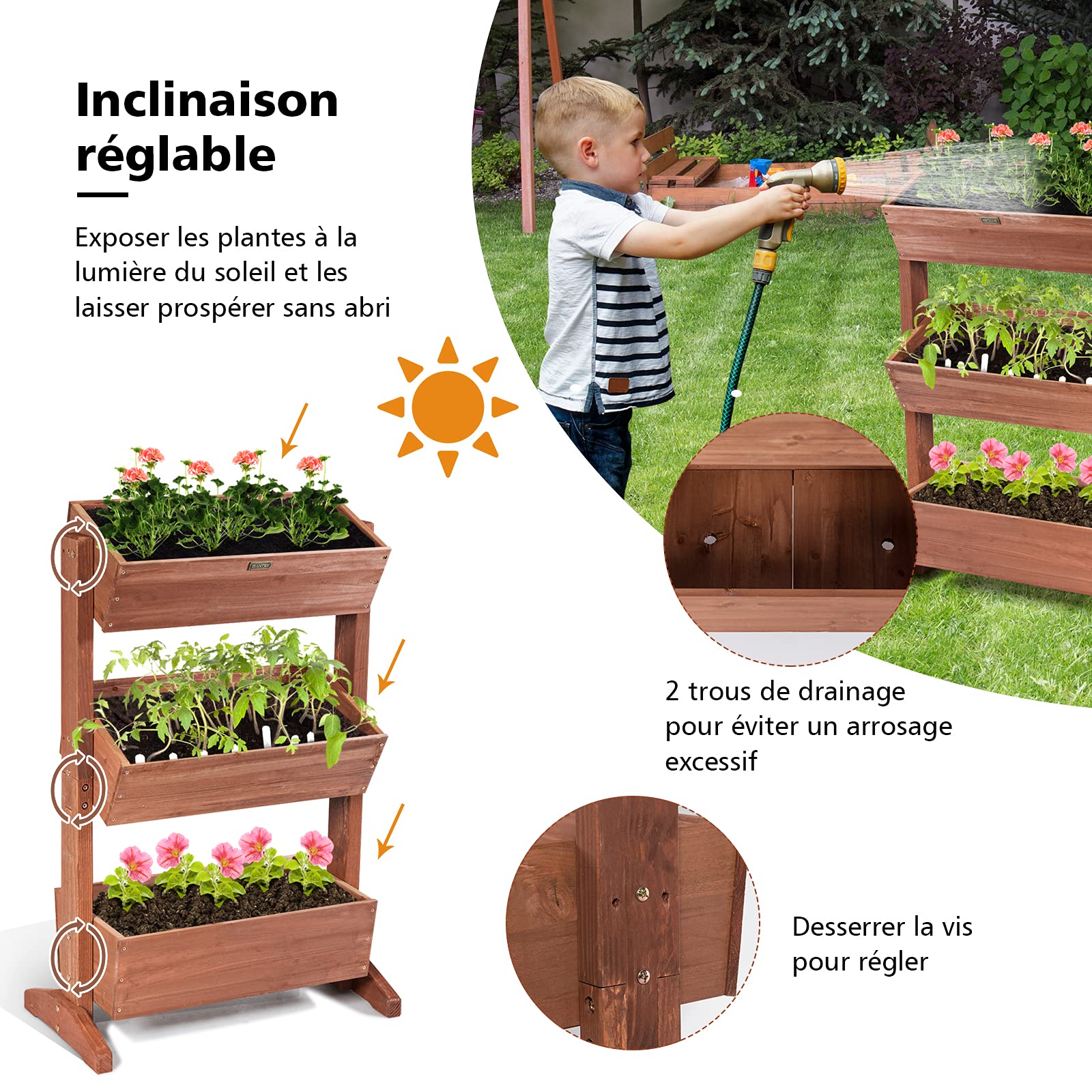 HOMASIS Plate-Bande Surélevée Jardinière en Bois à 3 Étages, Jardinière Surélevée Verticale Amovibles Hauteur et Inclinaison Ajustable，Escalier de Fleurs avec Trous de Drainage Intérieur et Extérieur