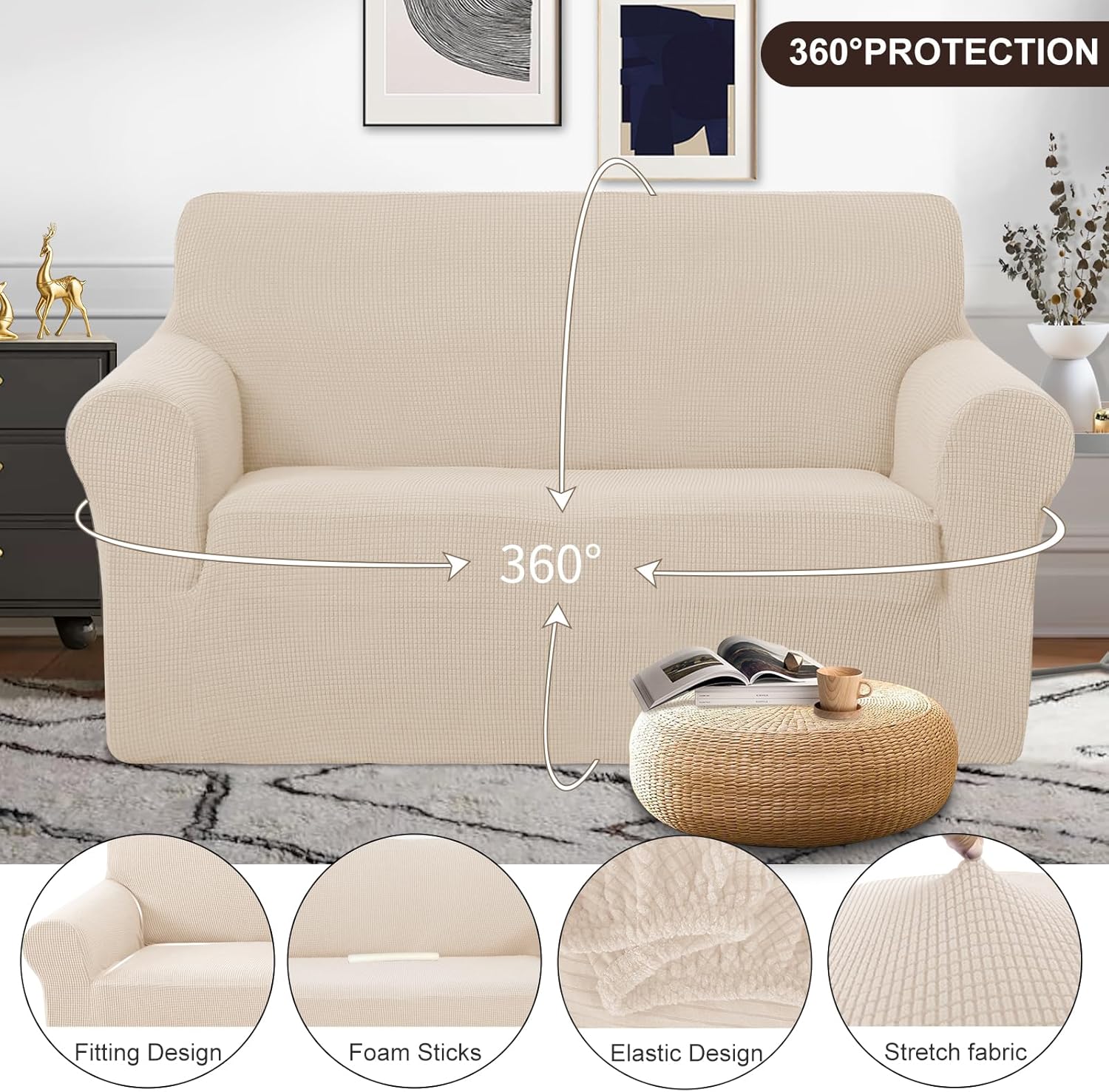 U-NICE HOME Loveseat Cover Stretch Couch Cover Sofa Cover Sofa Slipcover Furniture Protector for 2 Cushion Couch Sofa Pet Friendly(Loveseat, Beige)