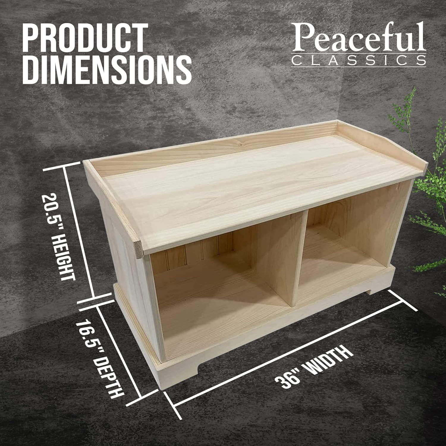 Peaceful Classics Rustic Pine Wooden Entryway Storage Bench, 36" W x 16.5" D x 20.5" H, Unfinished