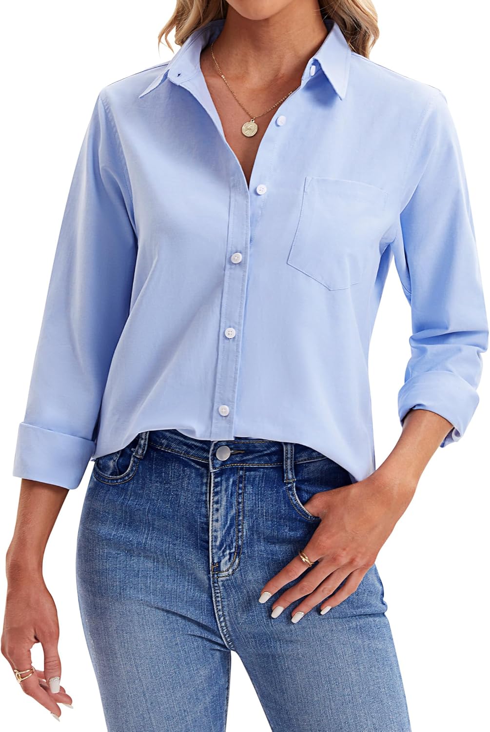 siliteelon Womens Button Down Shirts Long Sleeve Collared Office Work Blouses Tops with Pocket Oxford Shirts