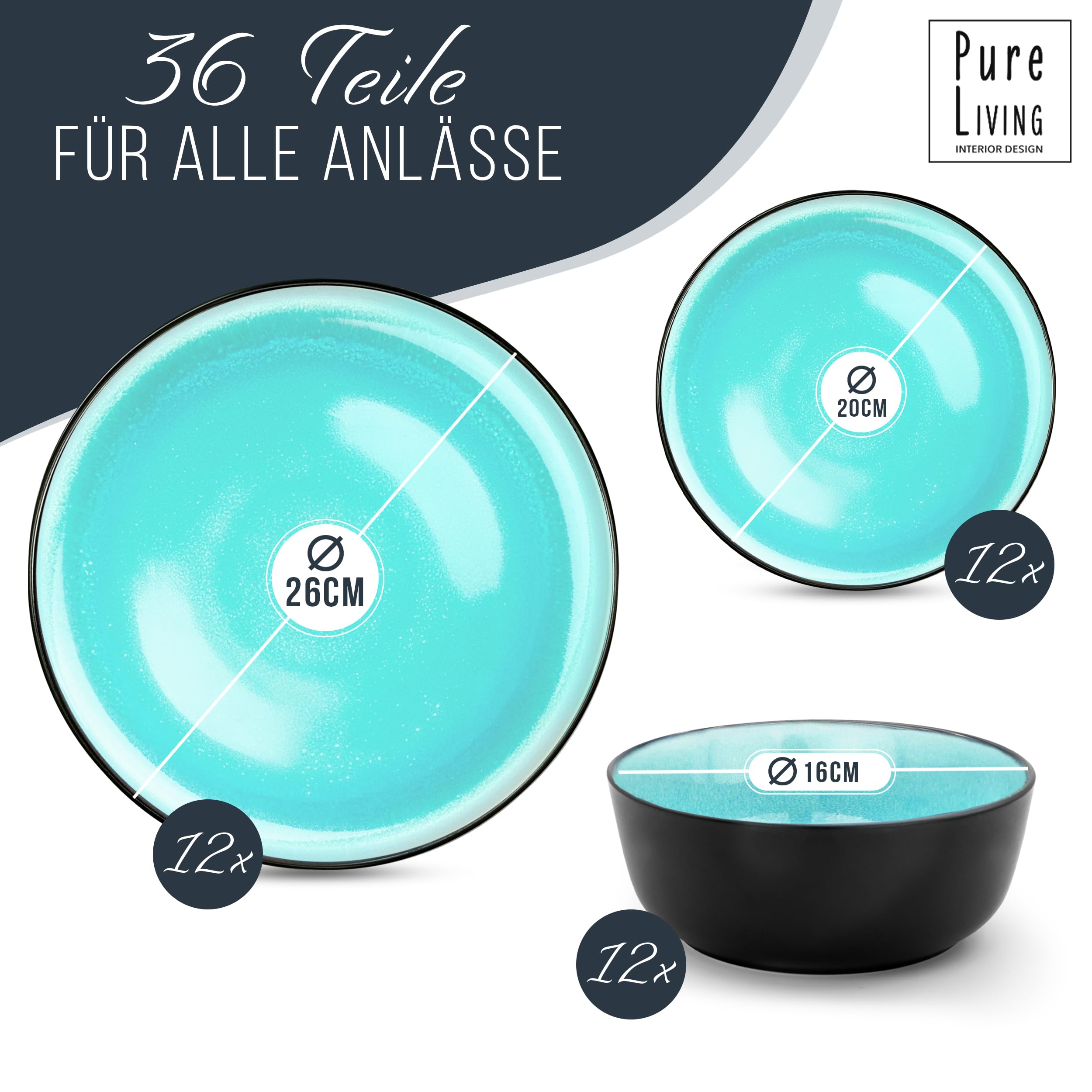 Ibiza Stoneware Crockery Set for 12 People, 36 Pieces, Crockery Set, Dishwasher, Microwave and Scratch Resistant, Bowl and Plate Modern, Pure Living Dinner Service Black with Aquamarine
