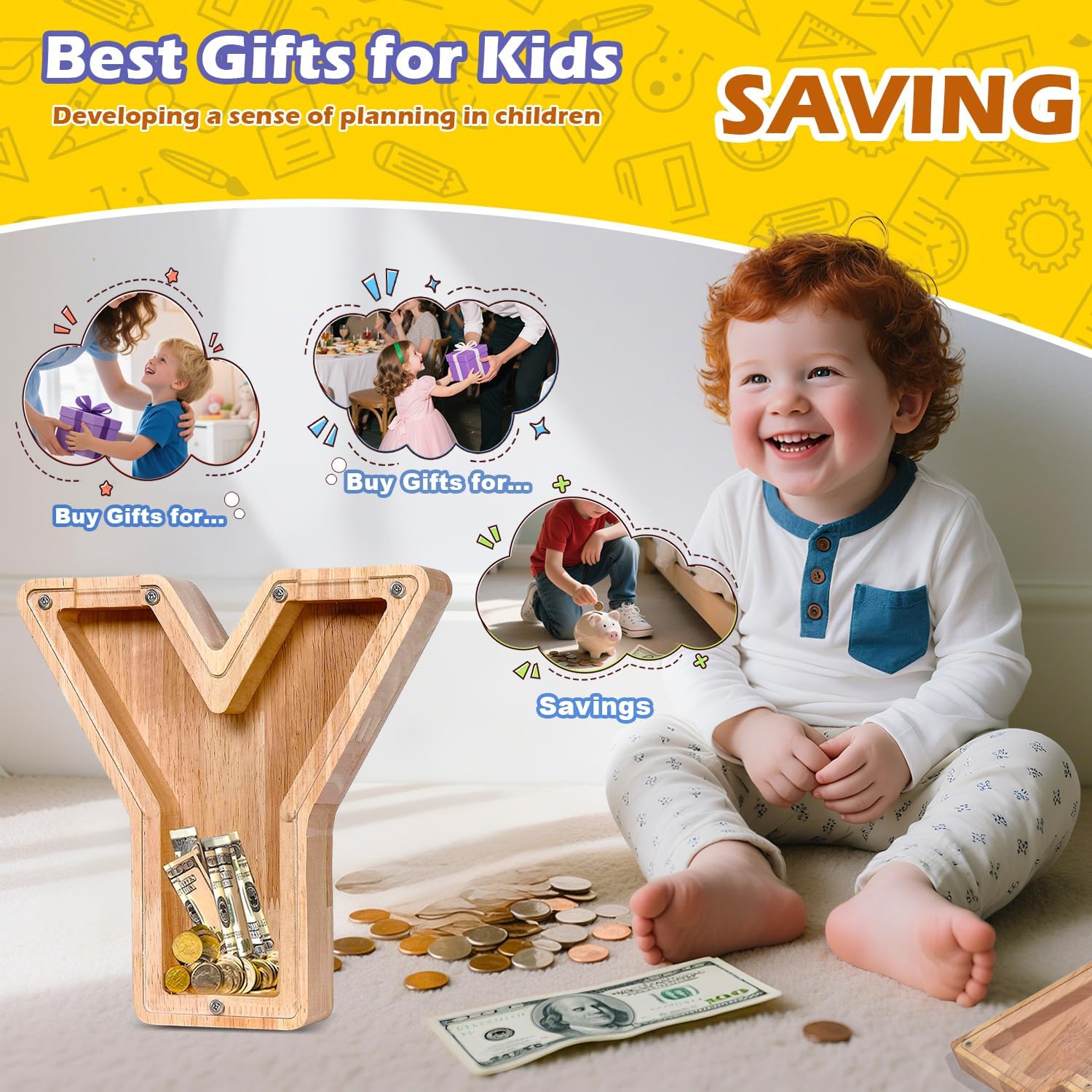 Custom Wooden Piggy Banks, CCHKFEI Coin jar Personalized Piggy Bank Creative 26 Letter DIY Storage Jar Kids Alphabet Coin Bank Savings Piggy Bank Birthday Gift Home Decoration Souvenir（Y image 5
