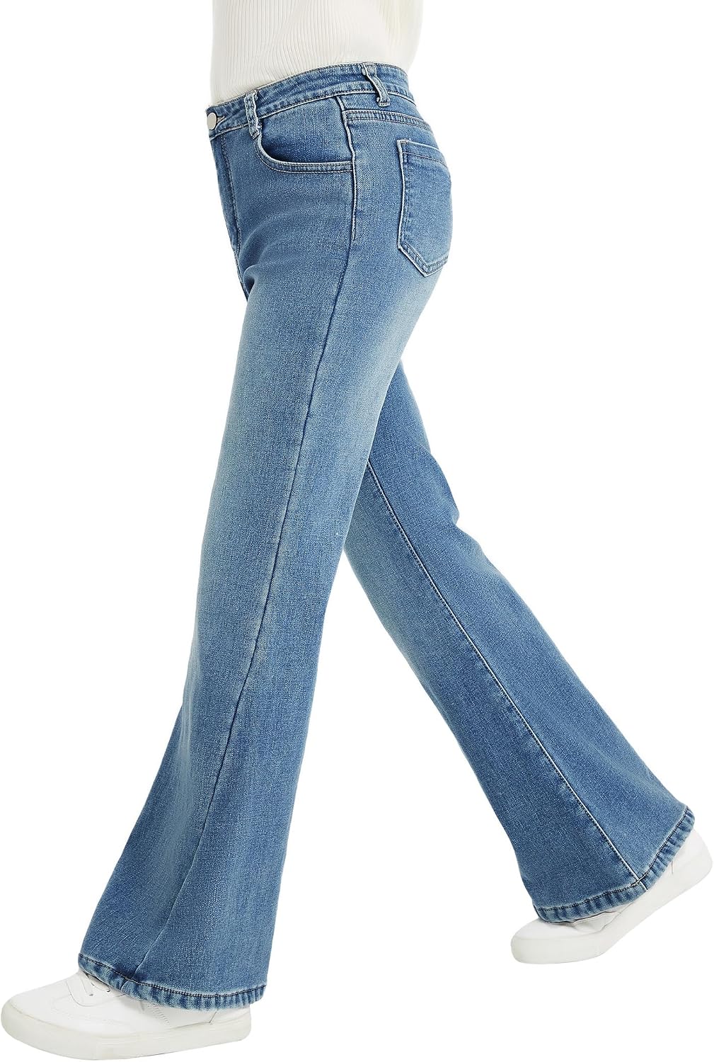 EXARUS Girls Flare Jeans Bell Bottom Teen Denim Pants Flared Ripped Cute Bootcut Mid Rise Elastic Band Pockets Kids