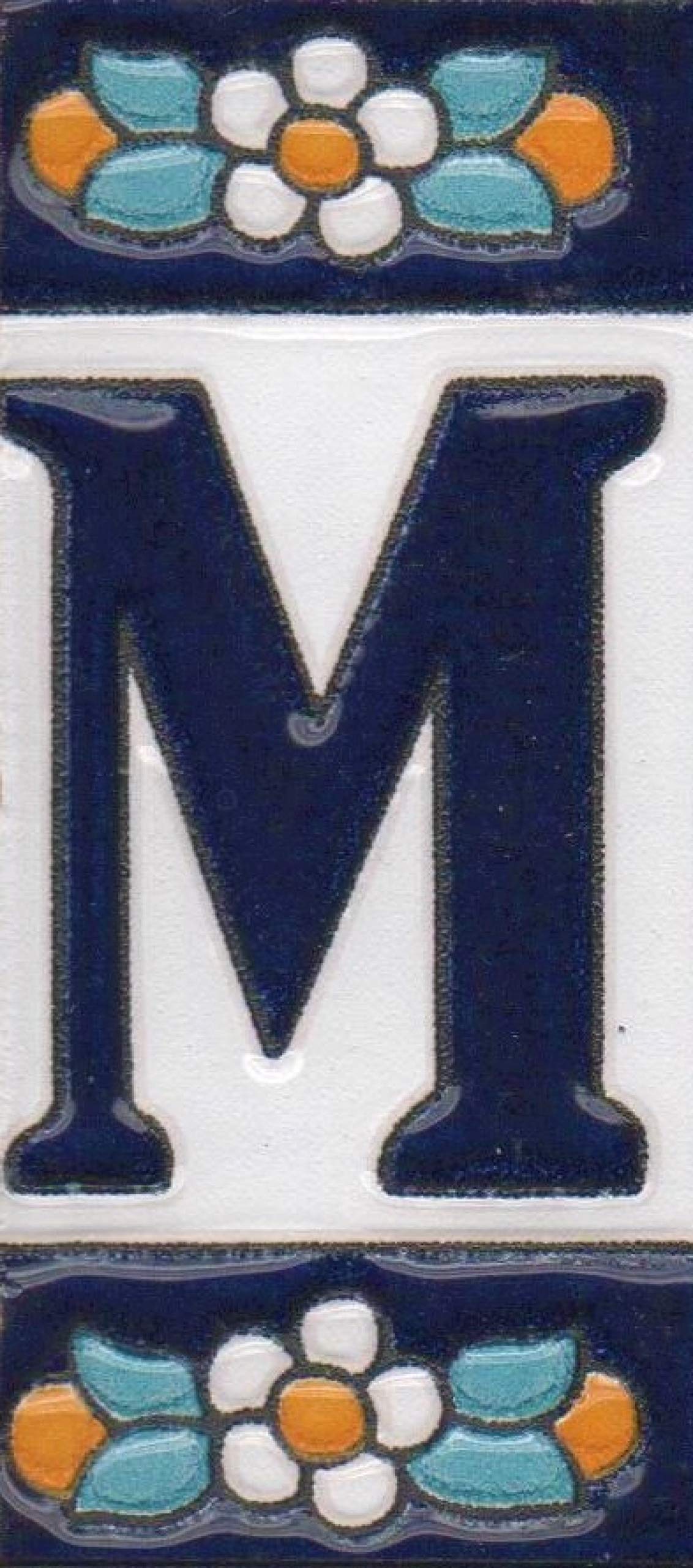 Ceramic House Tile Numbers & Letters, Blue Floral Design, Tile Size: 7.5cm x 3.5cm (Letter M)
