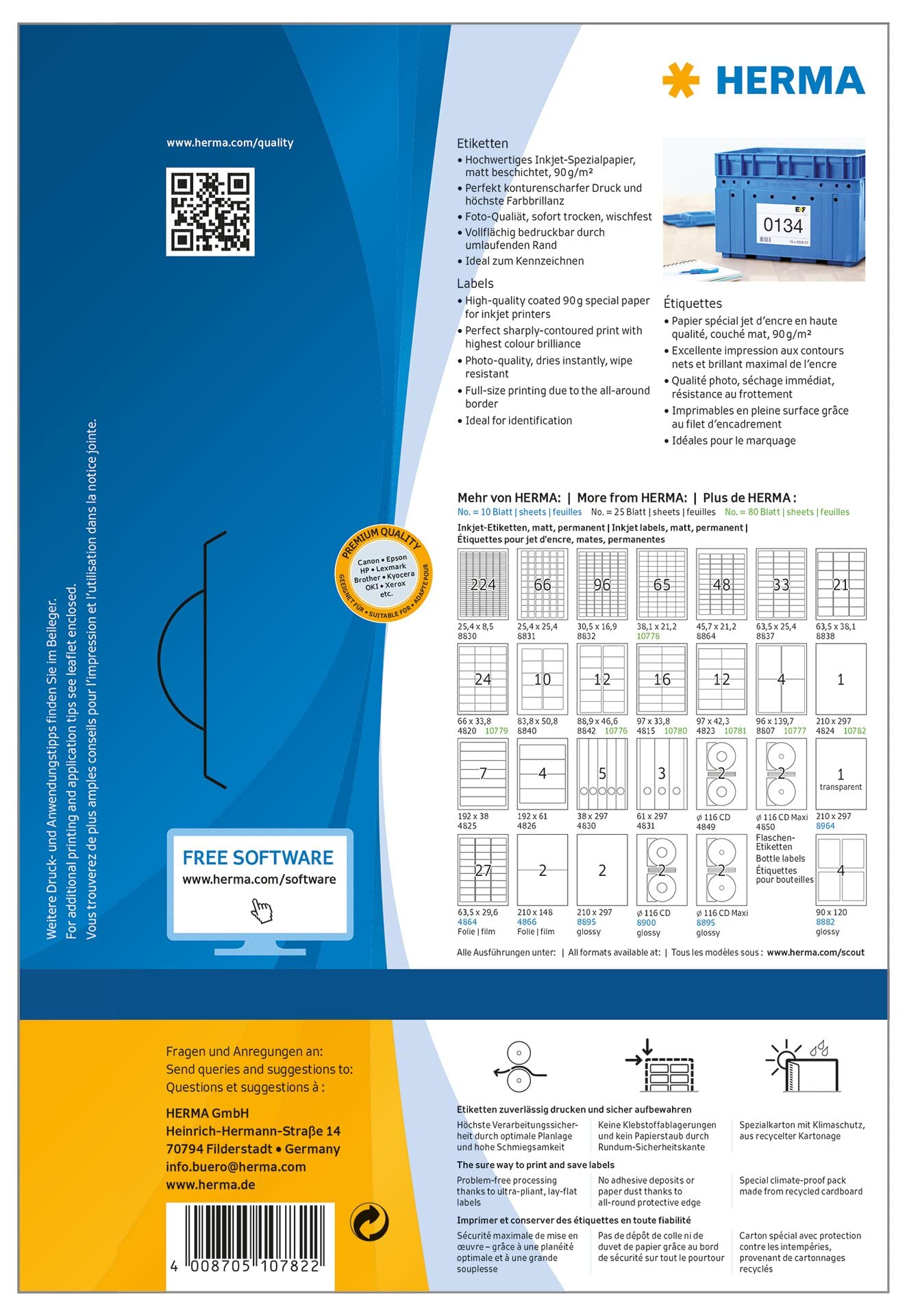 HERMA 10782 - Etichette universali per stampanti a getto d'inchiostro, formato DIN A4 (210 x 297 mm, 80 fogli, carta opaca), autoadesive, stampabili, 80 etichette adesive, colore: bianco