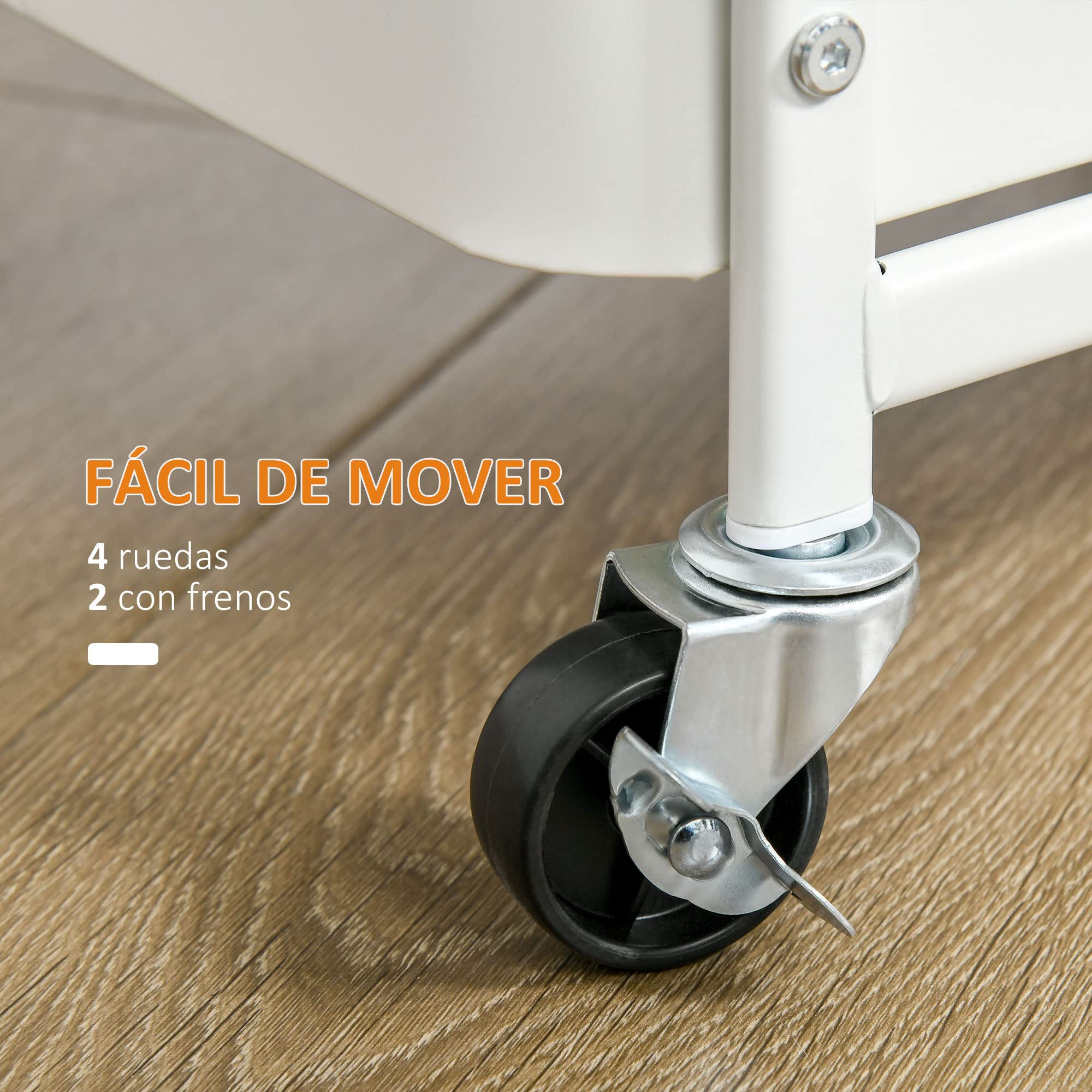 HOMCOM Carrito de Cocina de Acero con Ruedas Carro de Almacenamiento de 3 Niveles 4 Ganchos 2 Cestas Colgantes y Asa para Baño Salón Dormitorio 51,5x32x75,6 cm Blanco