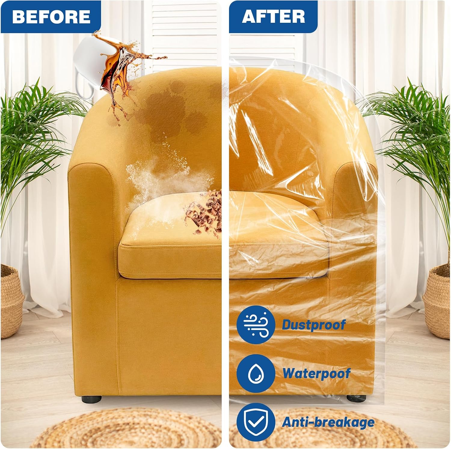 UNIFAMILY Furniture Coverings Made of Plastic Materials, Plastic Chair Covers Protectors 35 x 43 x65IN, 2PCS Waterproof Recliner Cover, Clear Armchair Covers Dustproof, Heavy Duty Coverings