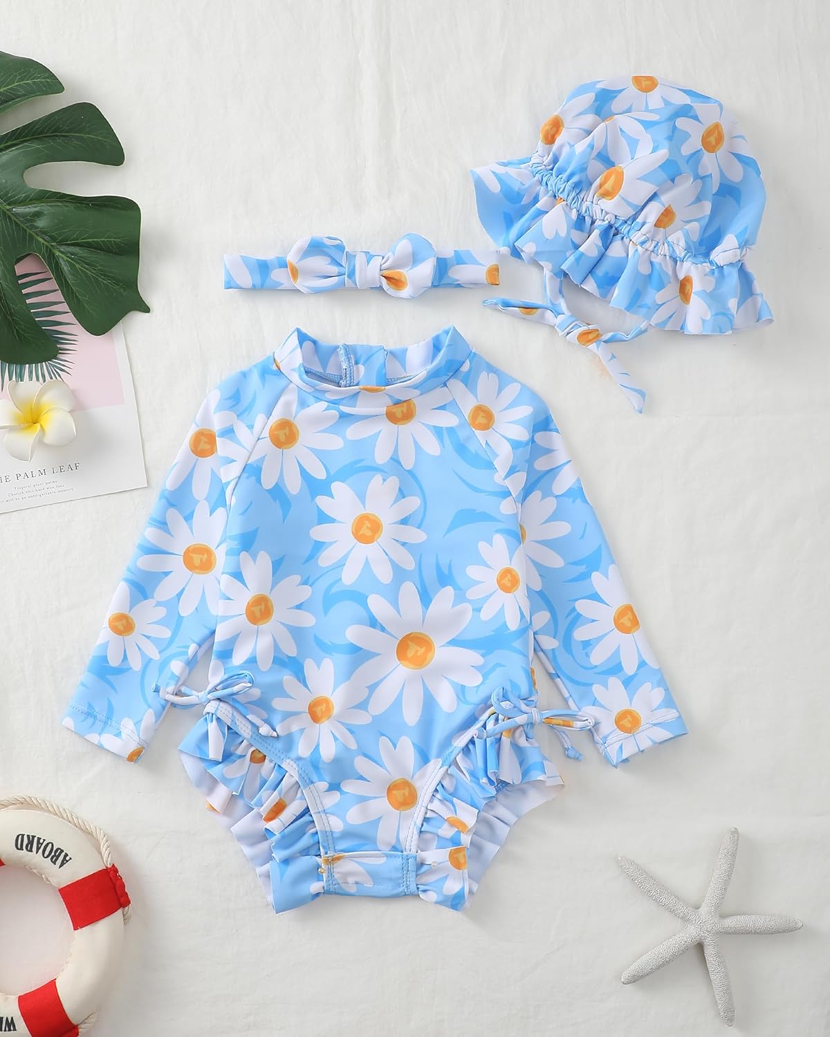 Renotemy Baby Girls Swimsuit Drawstring Zip Bathing Suit Long Sleeve One-Piece Rash Guard Swimwear with Hat for Infant Girl - Image 2