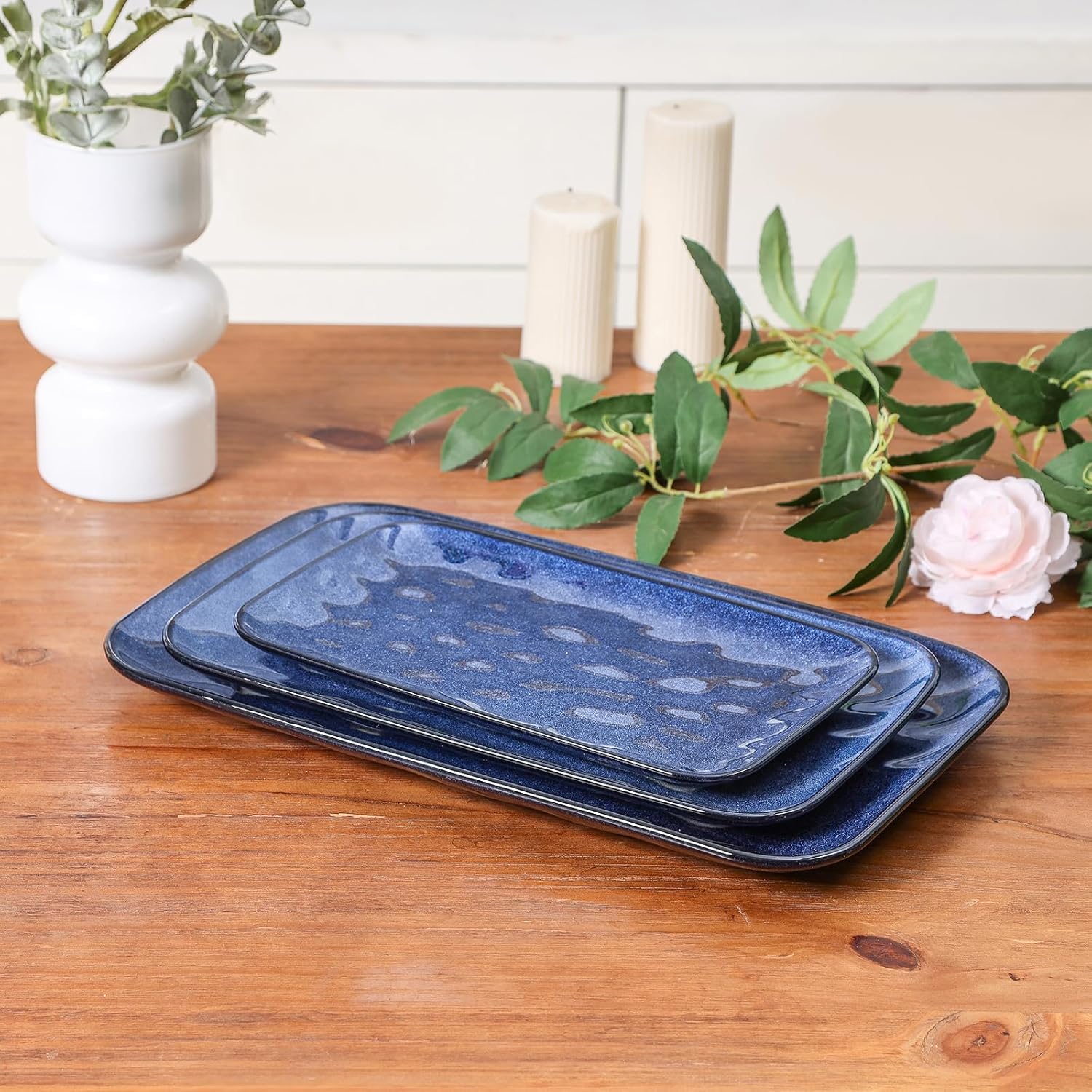 vicrays Ceramic Rectangle Serving Platters - 14" 12" 10" Porcelain Serving Trays Plates for Party BBQ Appetizers Sushi Dessert - Microwave Oven and Dishwasher Safe - Set of 3 Blue - Image 5