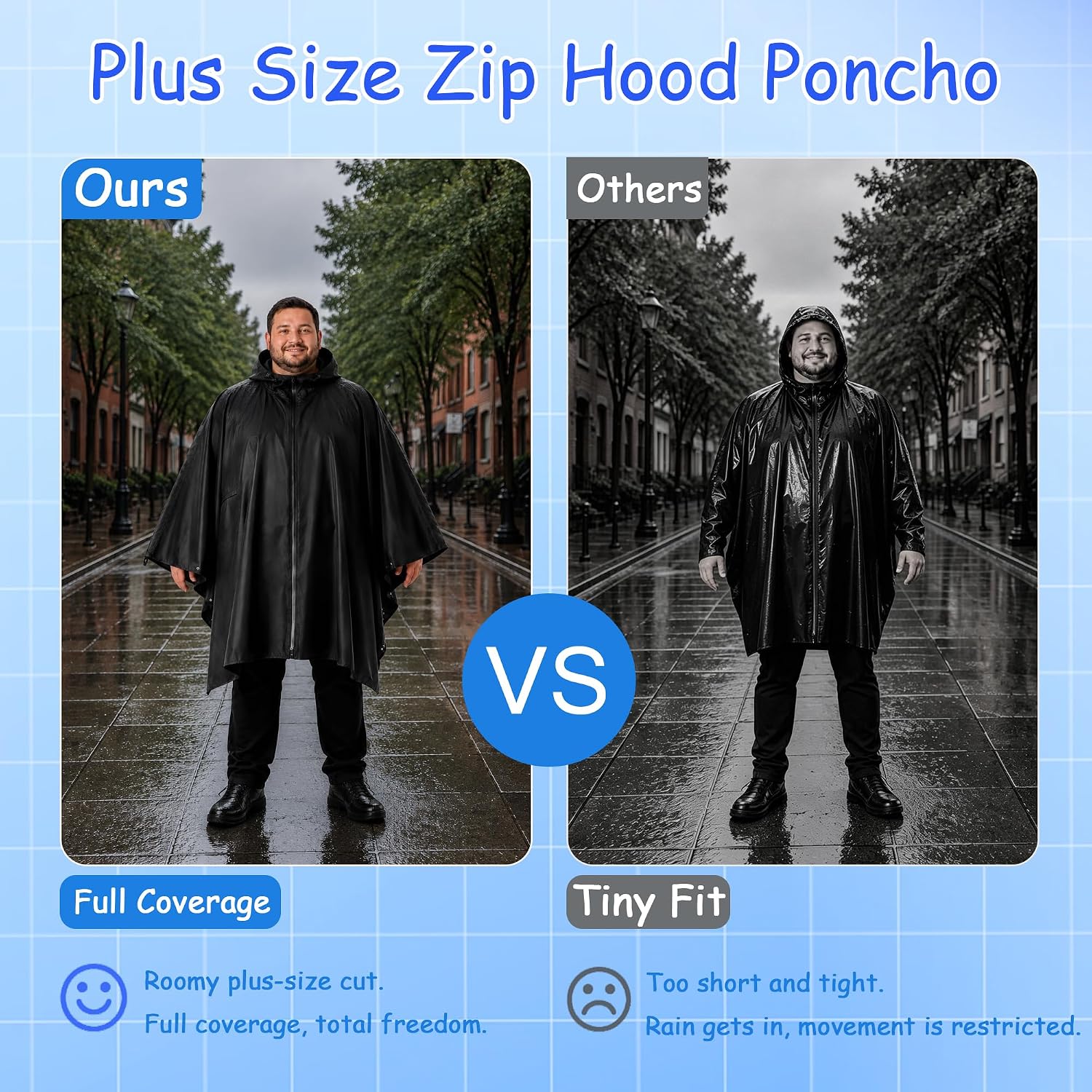 King Mills Zipper Plus Size Rain Poncho, Reusable Rain Ponchos for Adults Plus Size with Zipper, Adult Ponchos with Hood